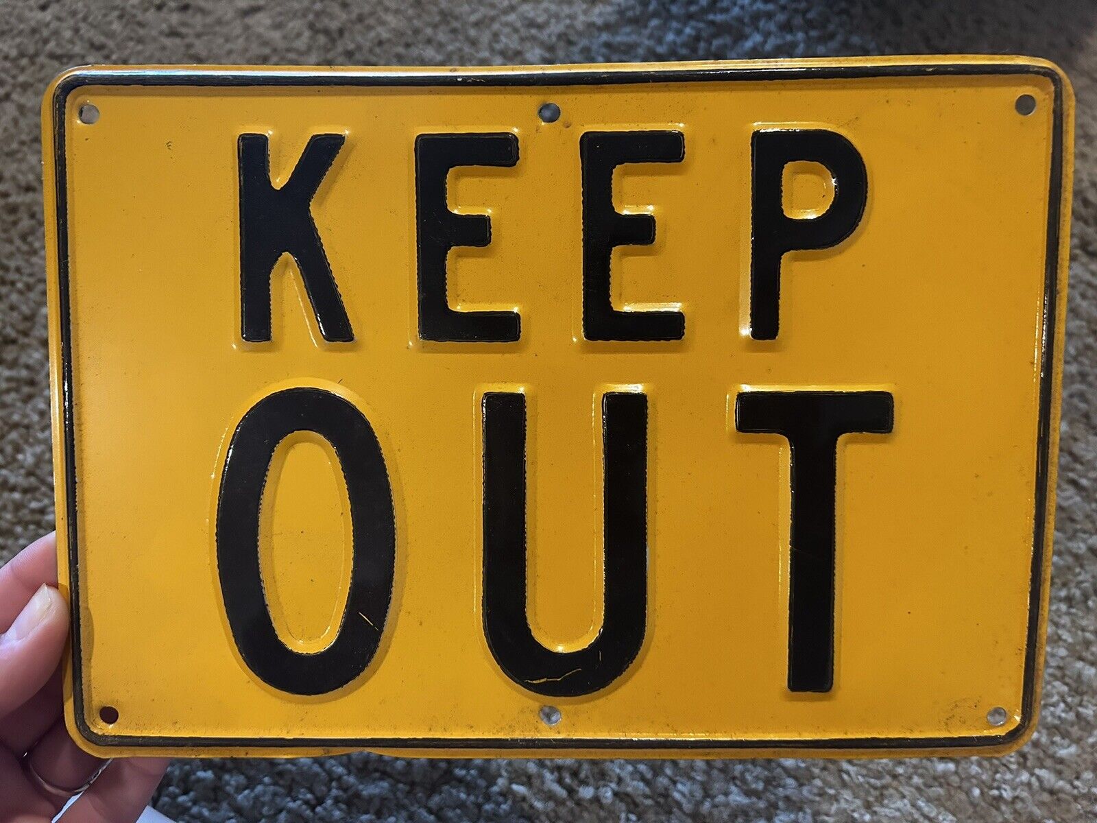Keep Out Vintage Original Embossed Tin Yellow And Black Sign 10” X 7”