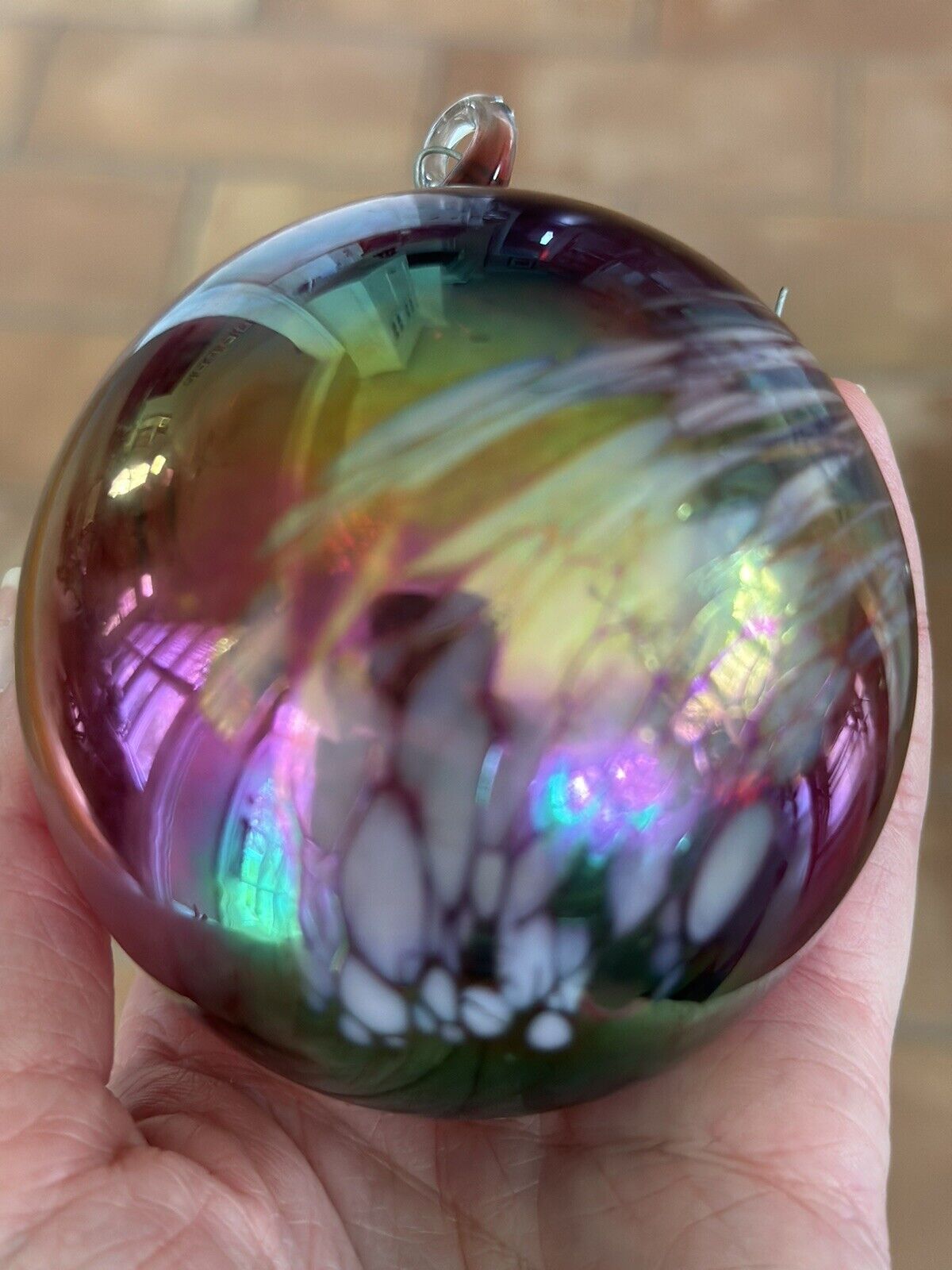 Studio Art Glass Iridescent Ornament Rainbow Swirl 3” Diameter