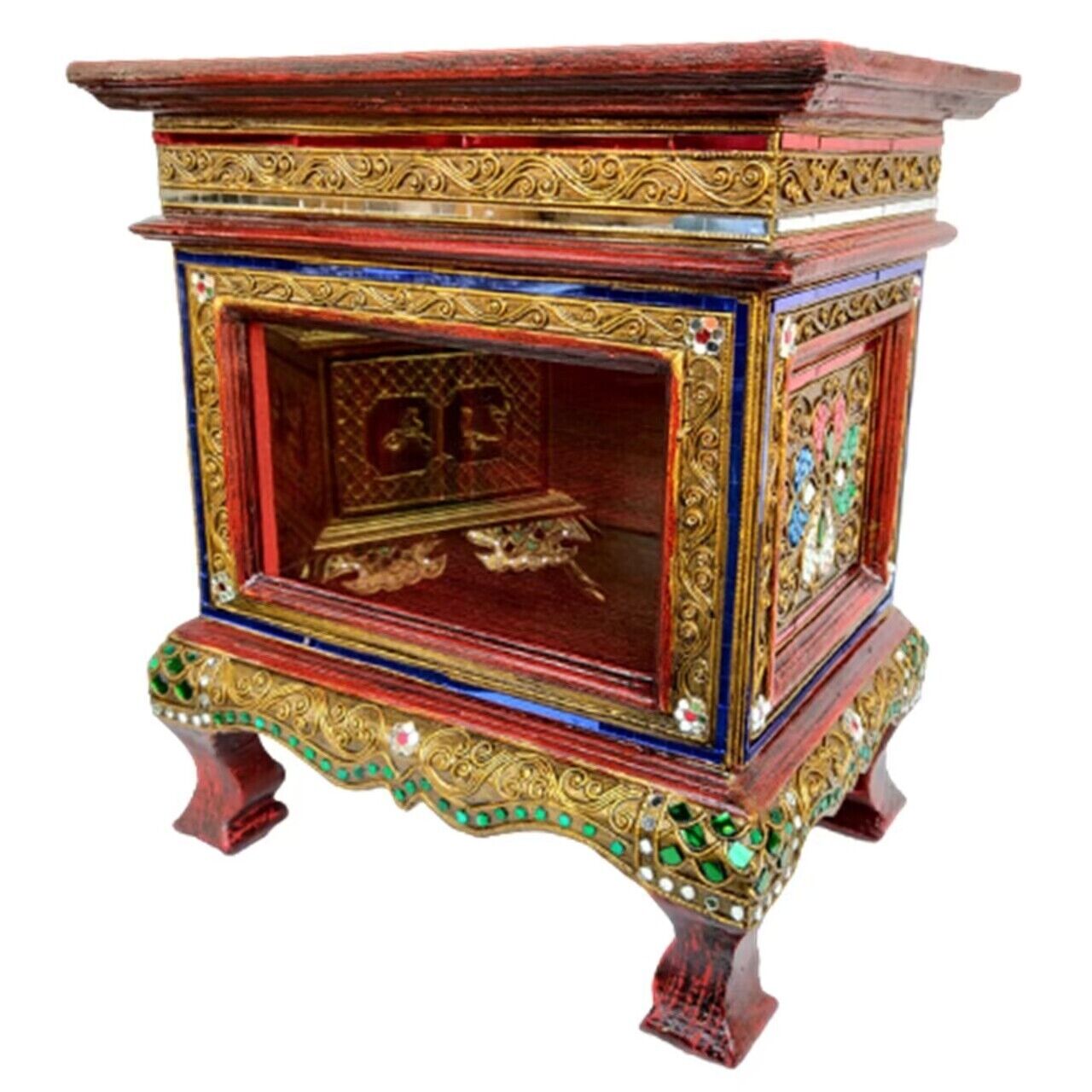 Thai Buddhist Wooden Donate Box Antique Style Temple Glass Decoration Handmade
