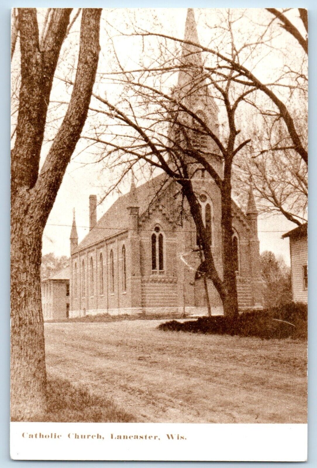 Lancaster Wisconsin Postcard Catholic Church Exterior View c1940 Vintage Antique