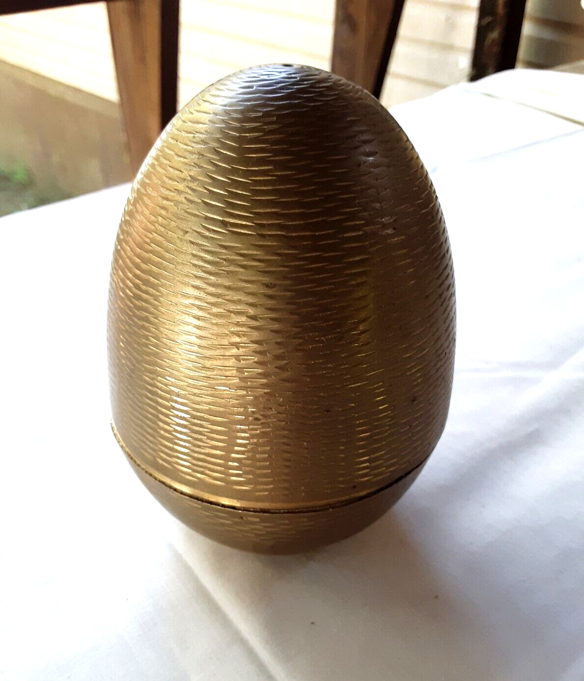 Vintage Solid Brass Freestanding Etched Egg Trinket Box
