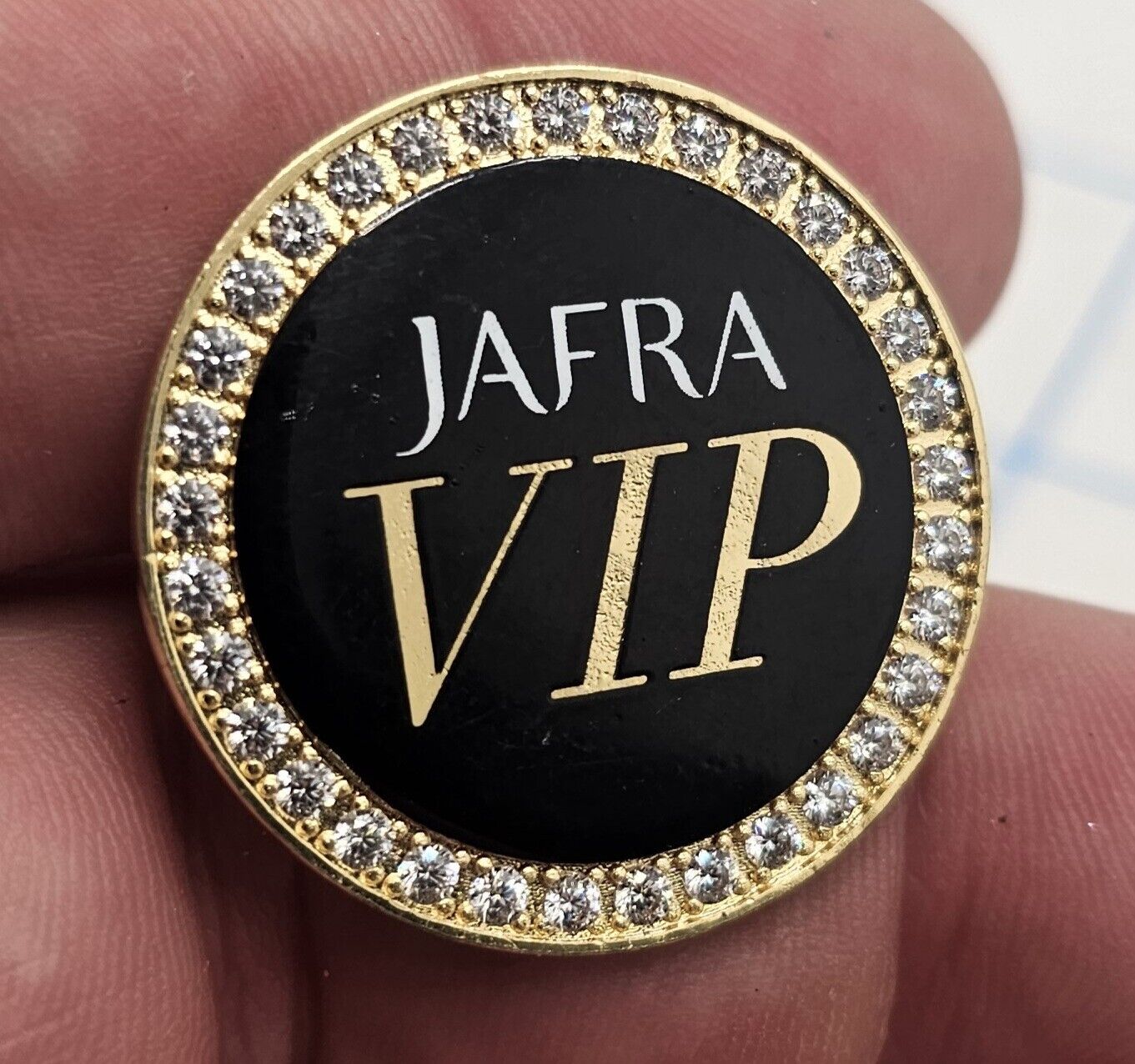 VTG Lapel Pinback Gold Tone JAFRA Cosmetics VIP Black Clear Rhinestone Accents