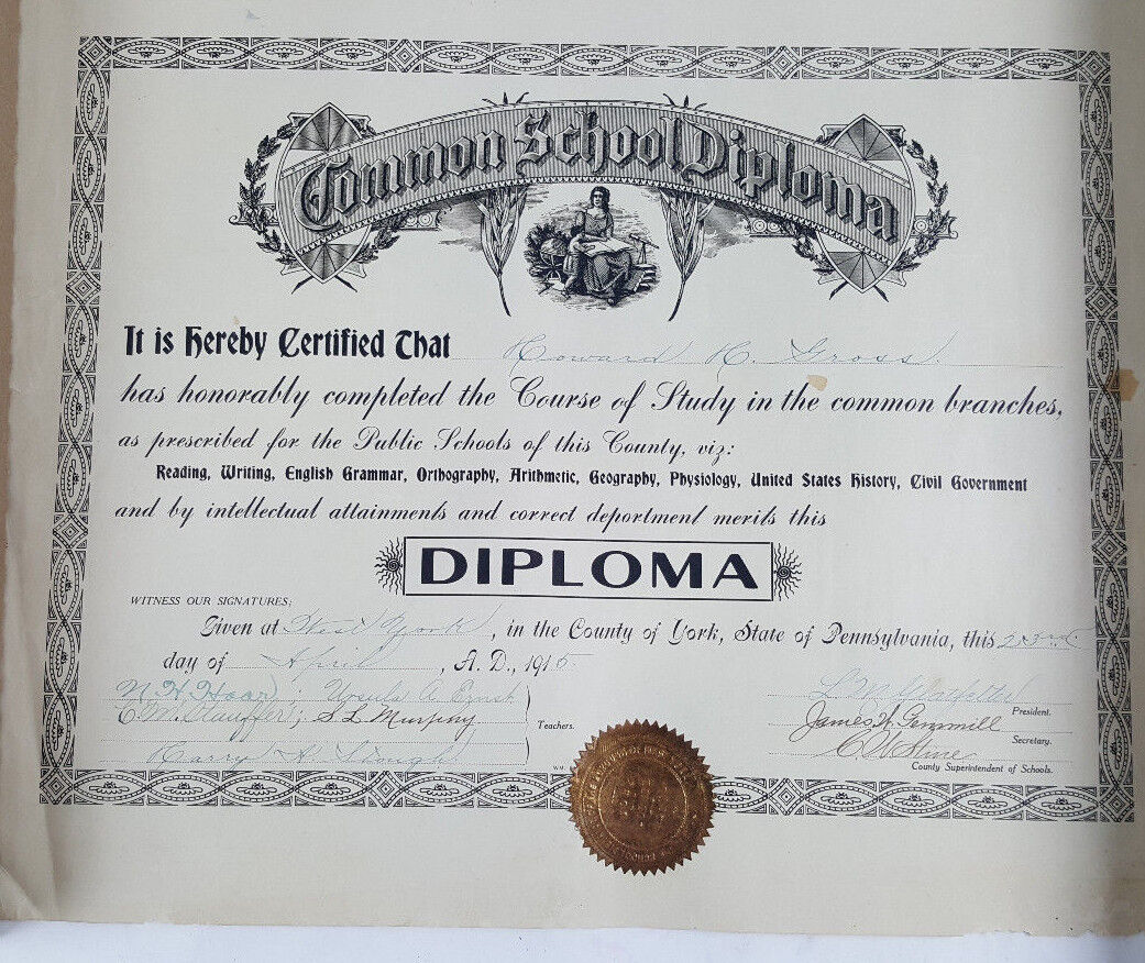 1915 Common School Diploma with Gold Seal RARE