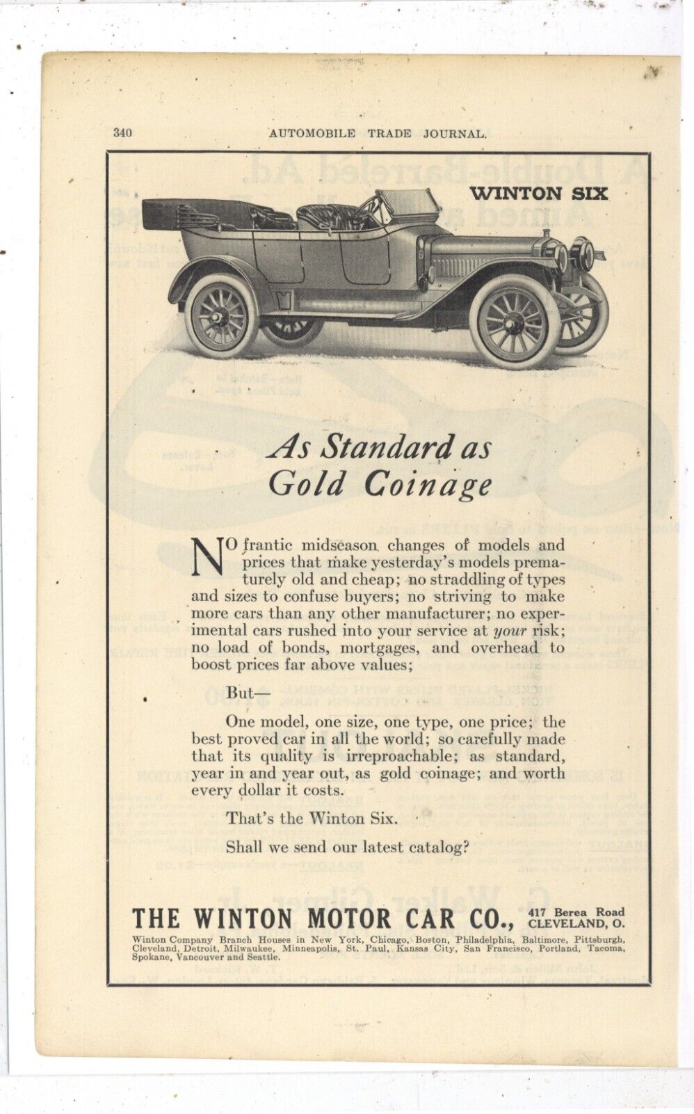 1913 Winton Motor Car Co. Ad: As Standard as Gold Coinage  Cleveland, OhiO