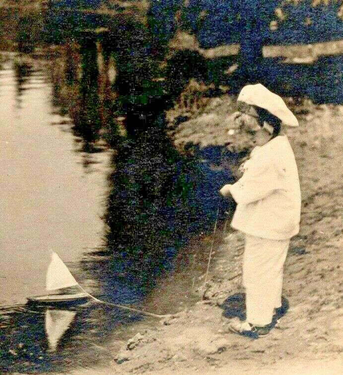 C.1910s RPPC Little Sailor Boy. Toy Sailboat. Dress Whites. Adorable Child. Ship