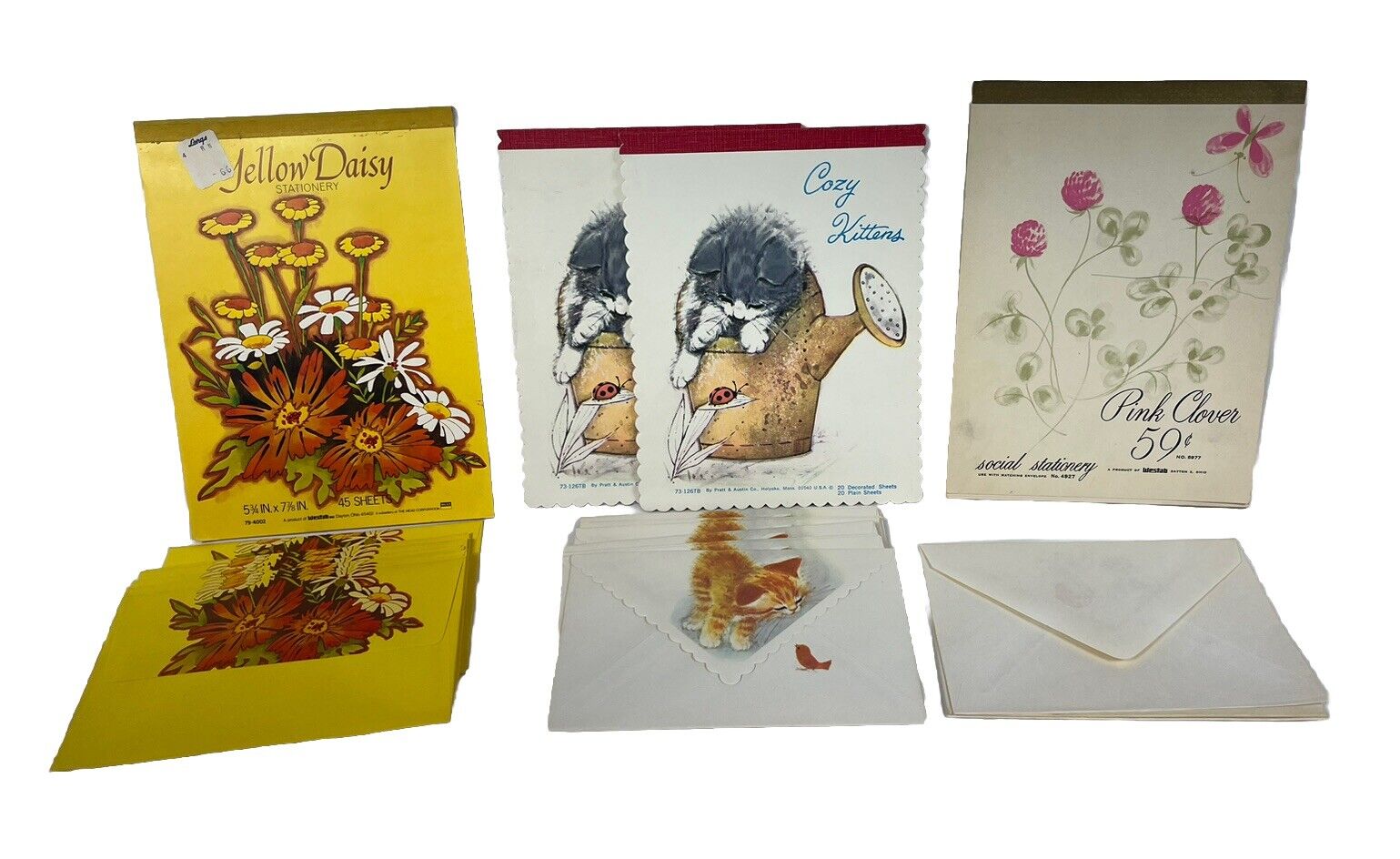 Vintage STATIONERY + Envelopes LOT Pratt & Austin Co. / Mead Pet Kittens Flowers