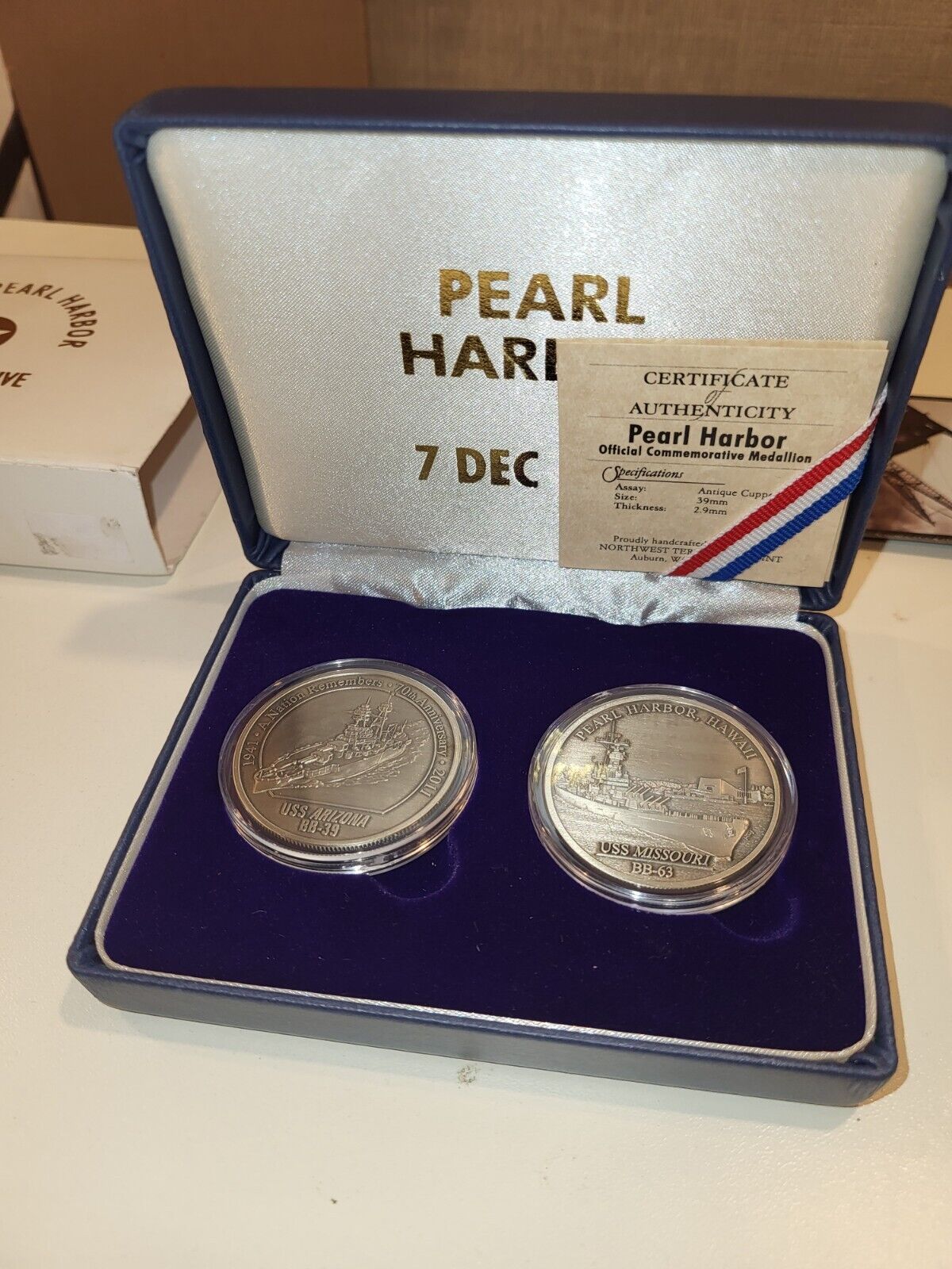 Pearl Harbor Official 65th Anniversary Commemorative Medallions in Original Box 