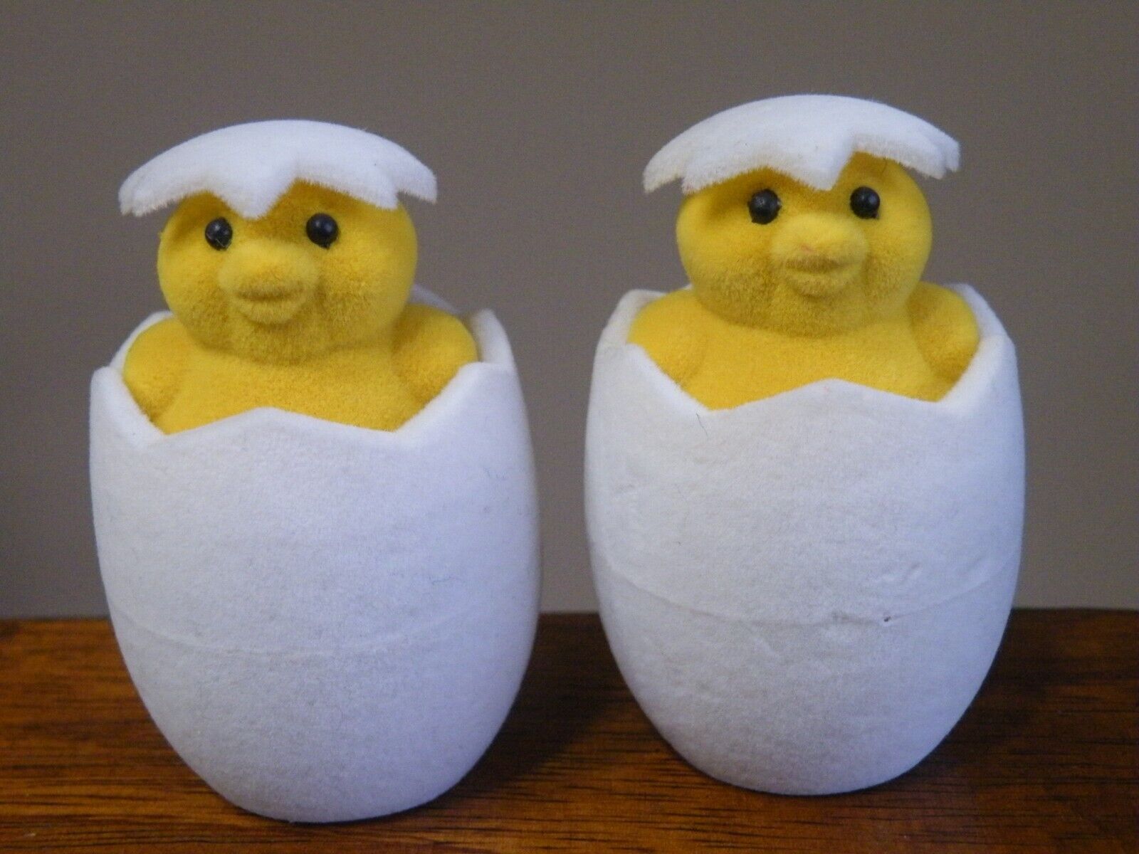2 Vintage FLOCKED Yellow CHICK in EGG TRINKET Containers 2-1/2\