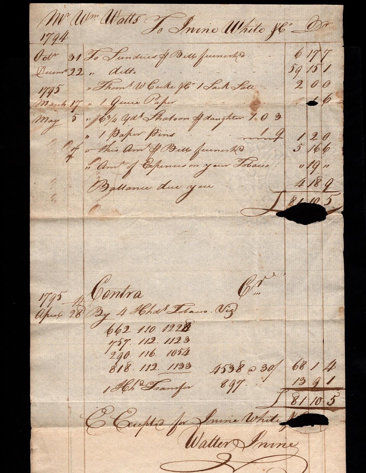 1794 & 1795 acctg. William Watts Prince George, VA & Irvine White - Tobacco Sale