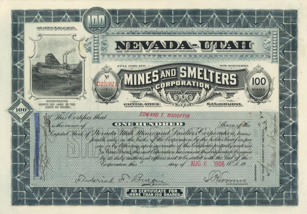 Nevada-Utah Mines and Smelters Corp. - Stock Certificate - Mining Stocks