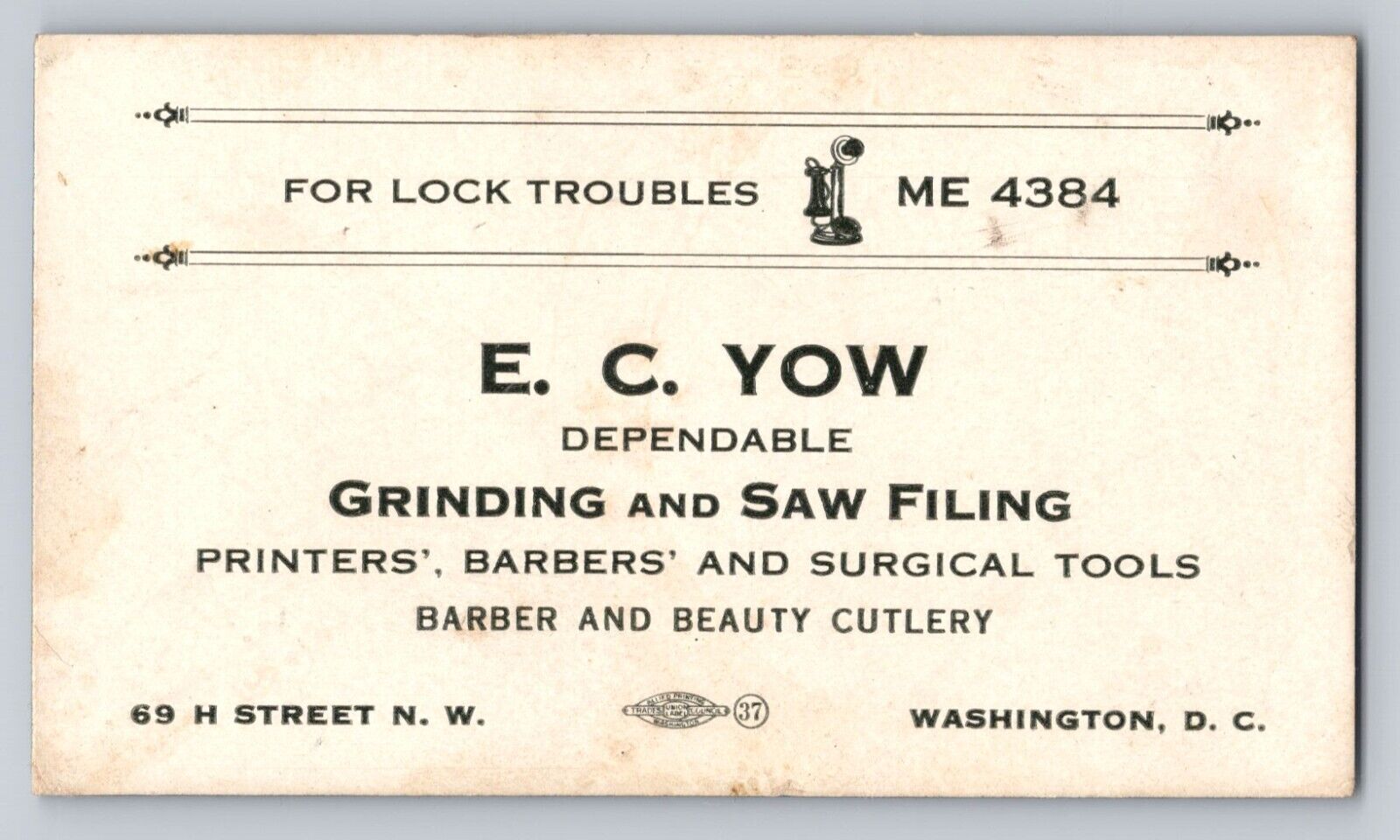1920s Vintage Business Card Ink Blotter EC Yow Lock Barber Cutlery Washington DC