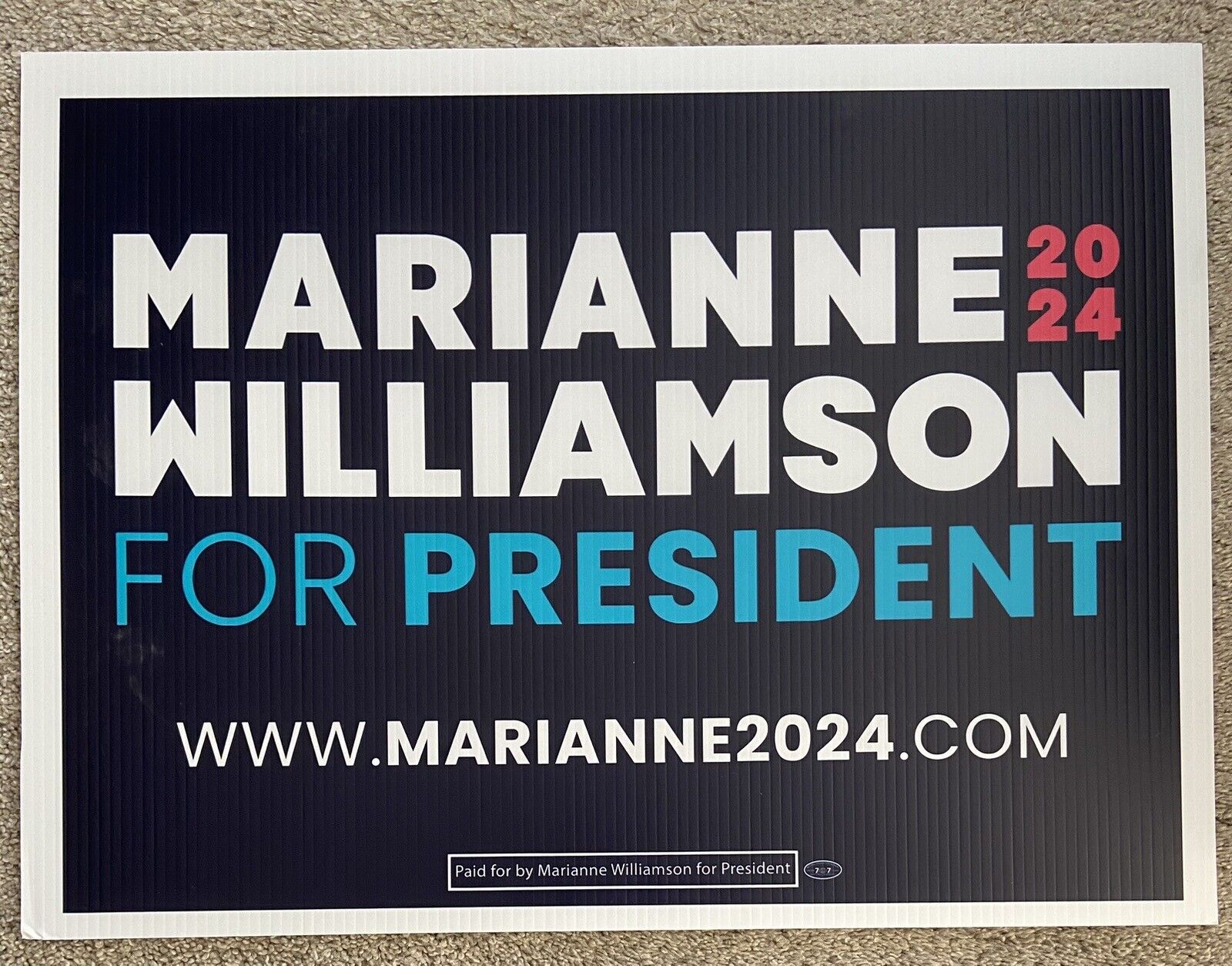 Marianne Williamson President 2024 Yard Sign Official Political Democrat Biden