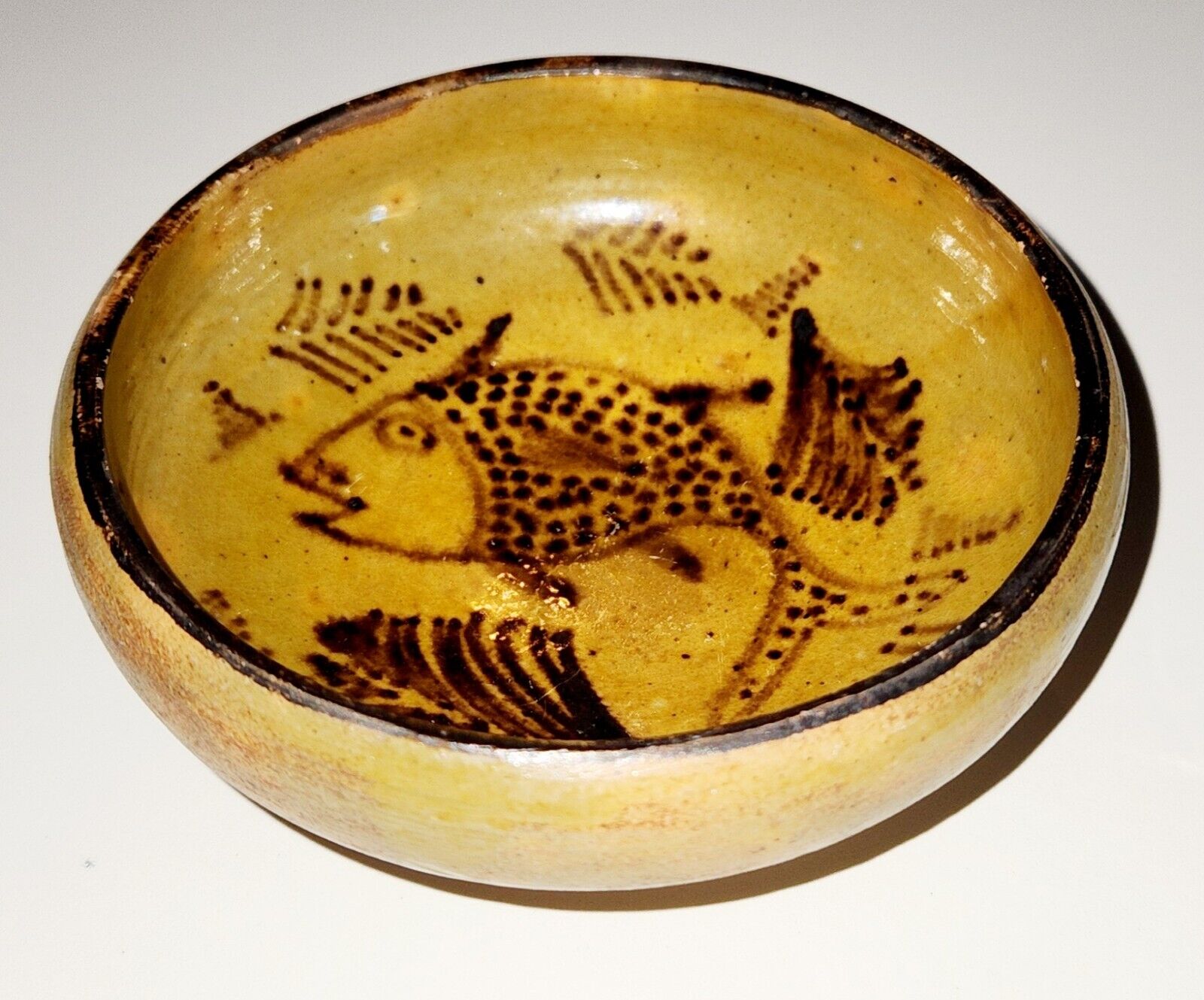 Vintage Miniature Clay Bowl With Hand Painted Fish Design