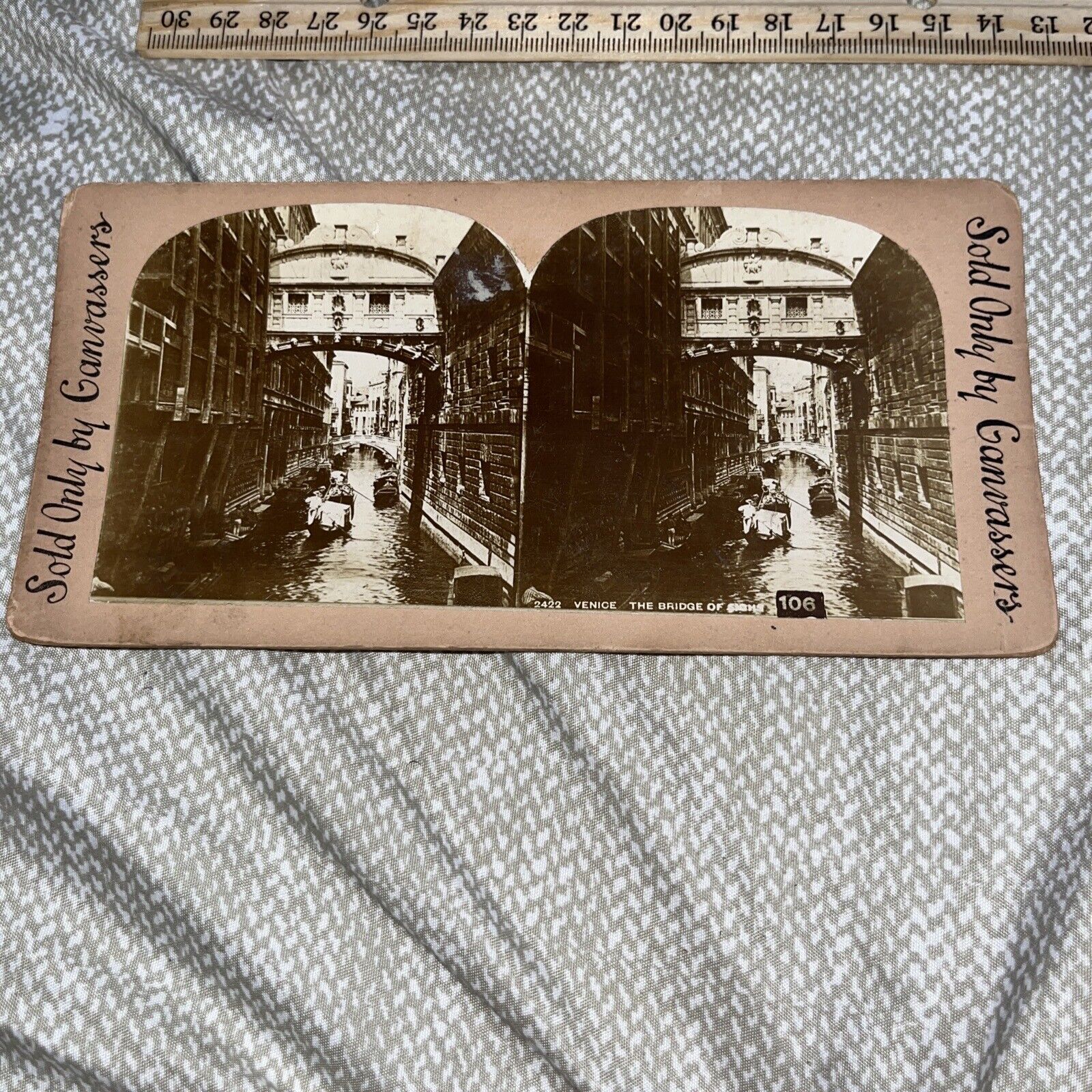 Antique Stereoview Card Photo: Venice The Bridge of Signs Italy Gondola Canal