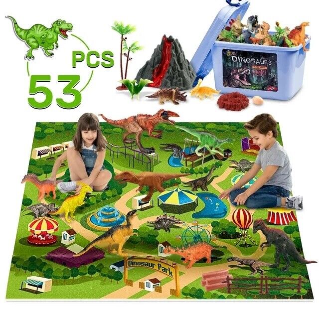 Large Deluxe Wisairt 53-Piece Realistic Dinosaur Play Set Activity Mat Container