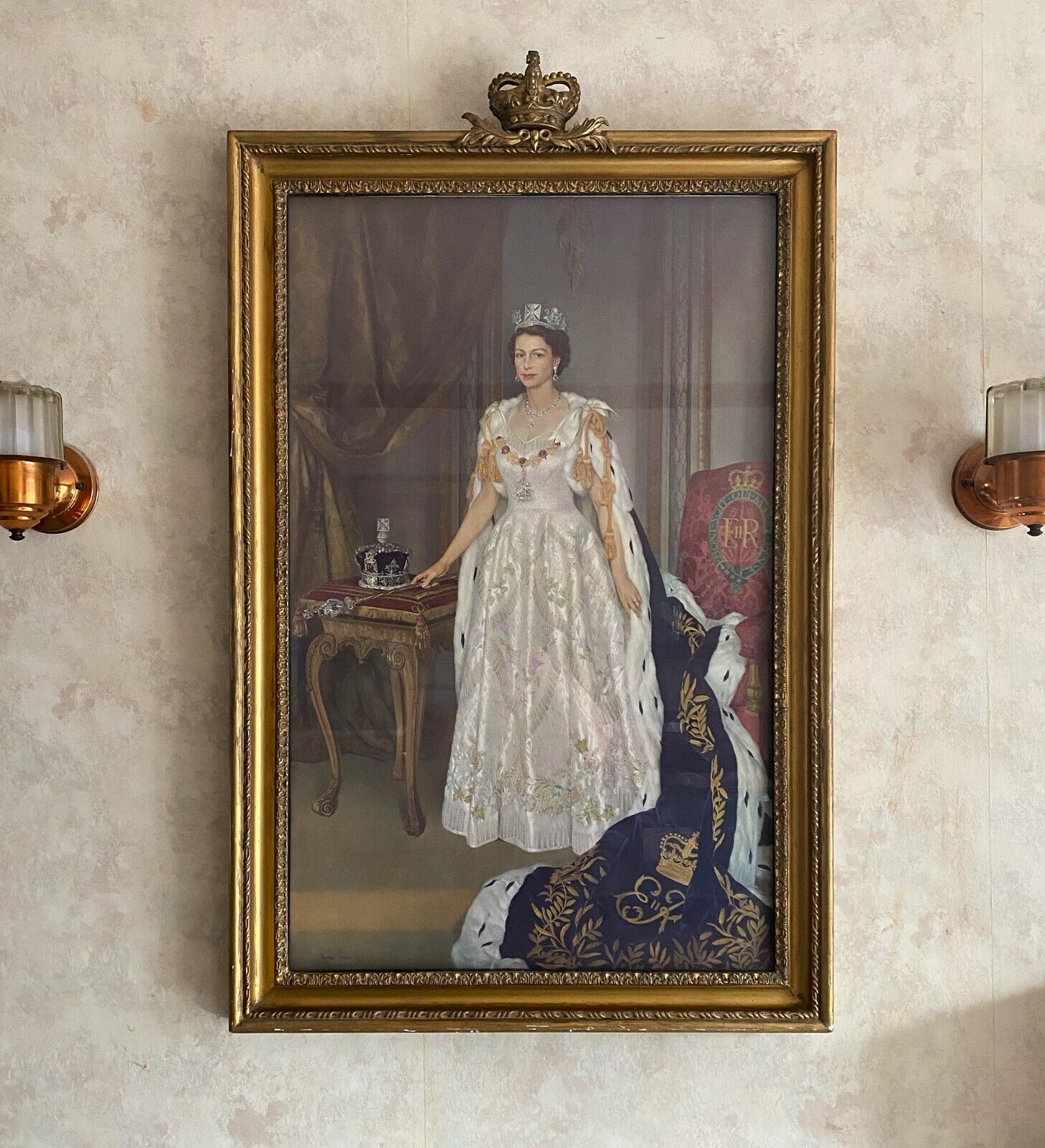 Vintage 50s Queen Elizabeth II Coronation Portrait Crown Frame by Bourlet London
