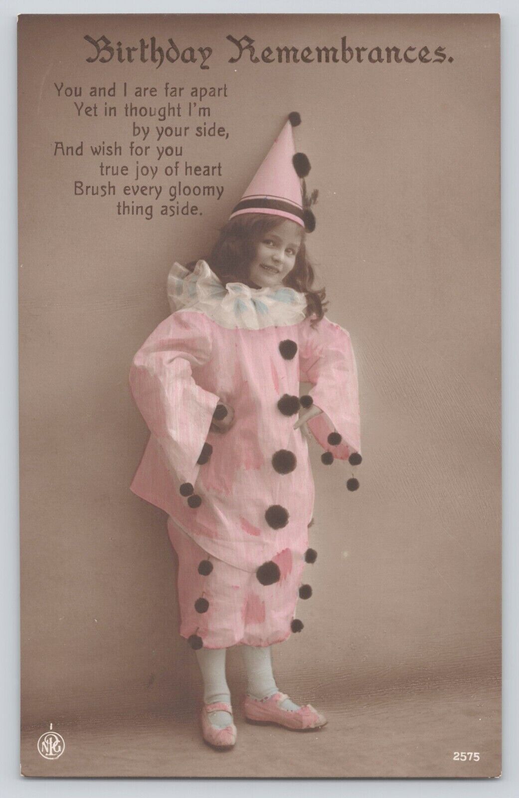 Postcard RPPC Birthday Girl In Clown Outfit Hand Colored Antique Unposted