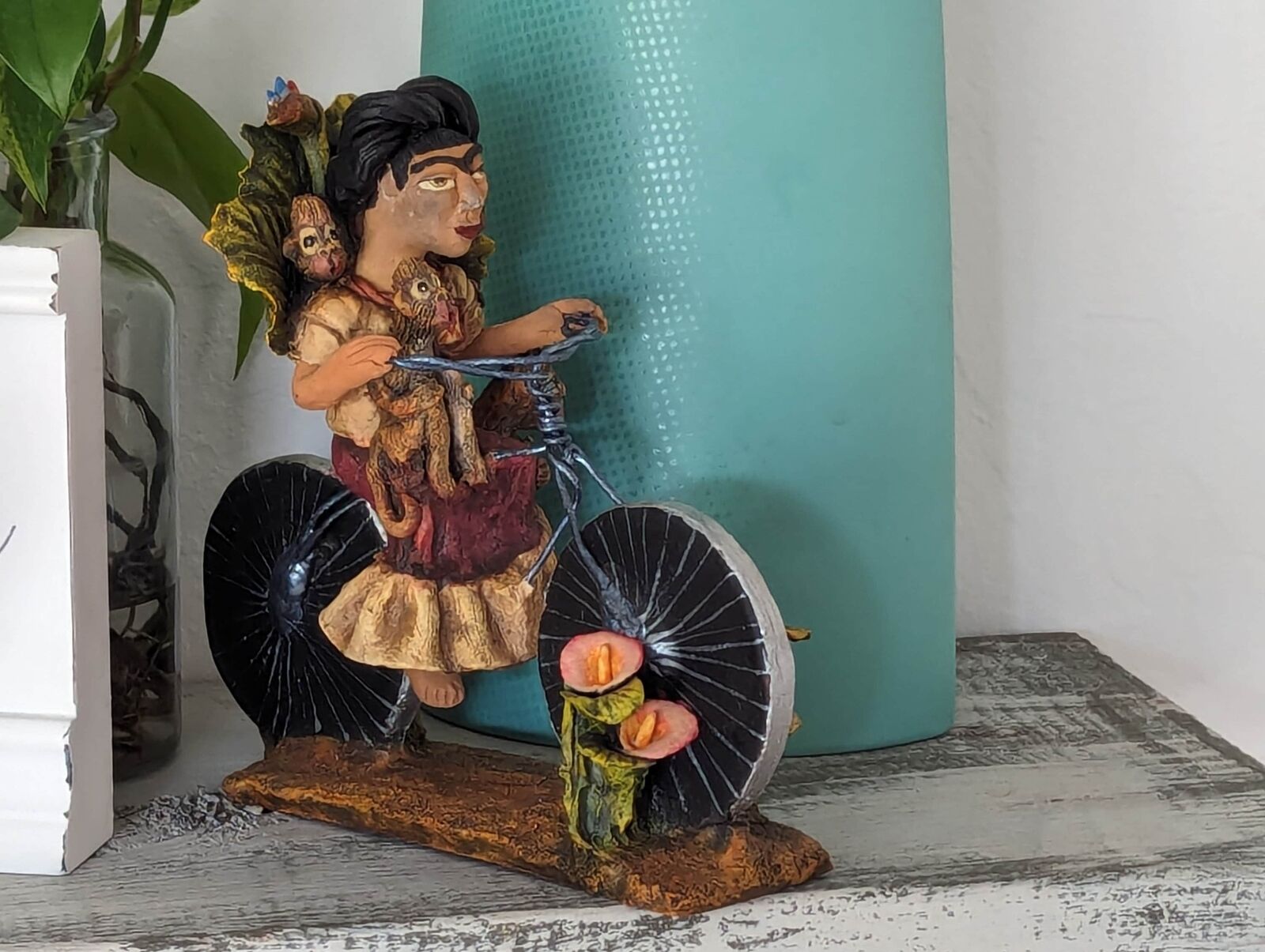 Handmade Gift | Woman on Bicycle with 4 Monkeys Original Art & Clay Figurine