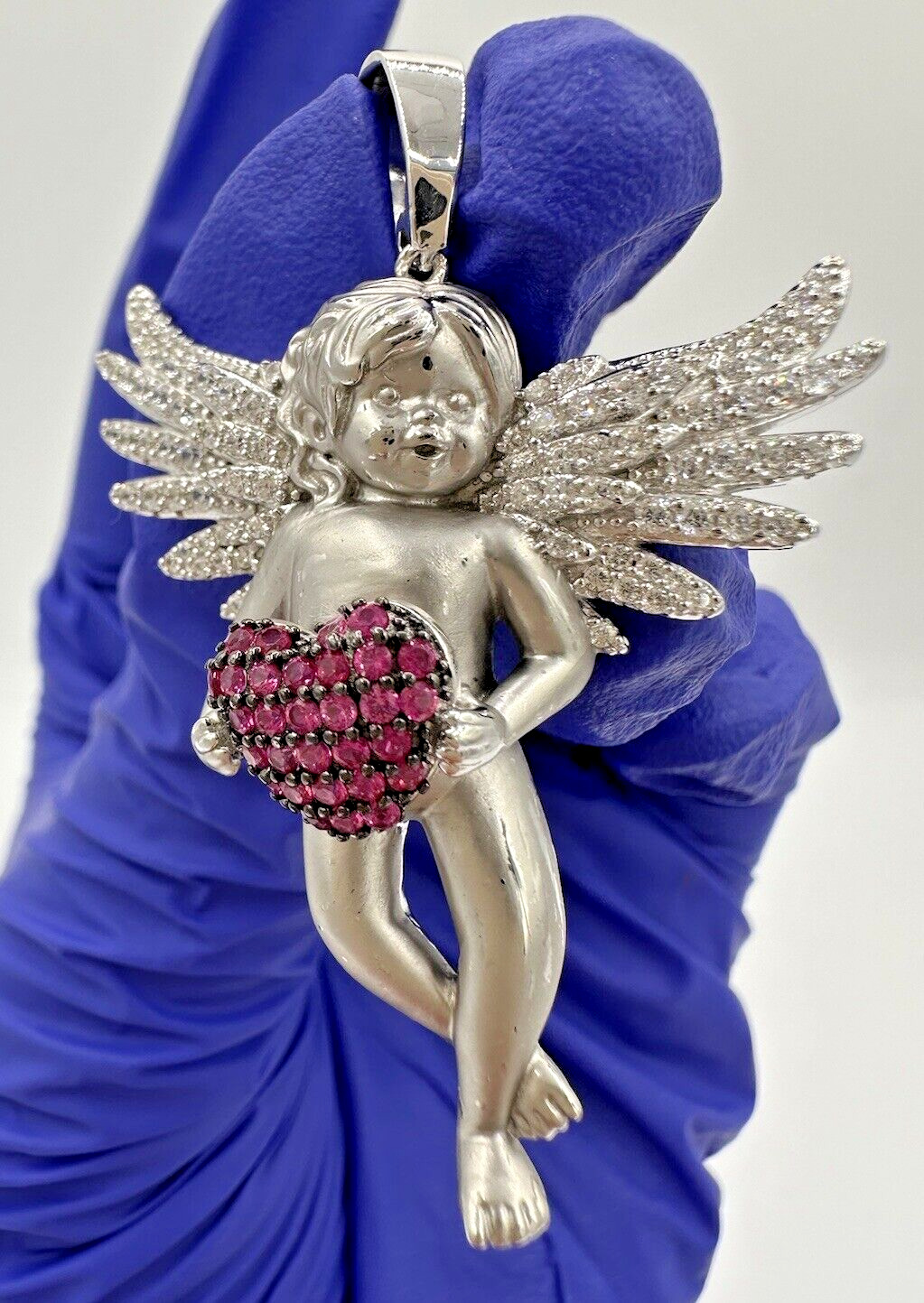 Unique Sterling Silver 925 Cupid Holding Pink Heart Pendant 1.9”