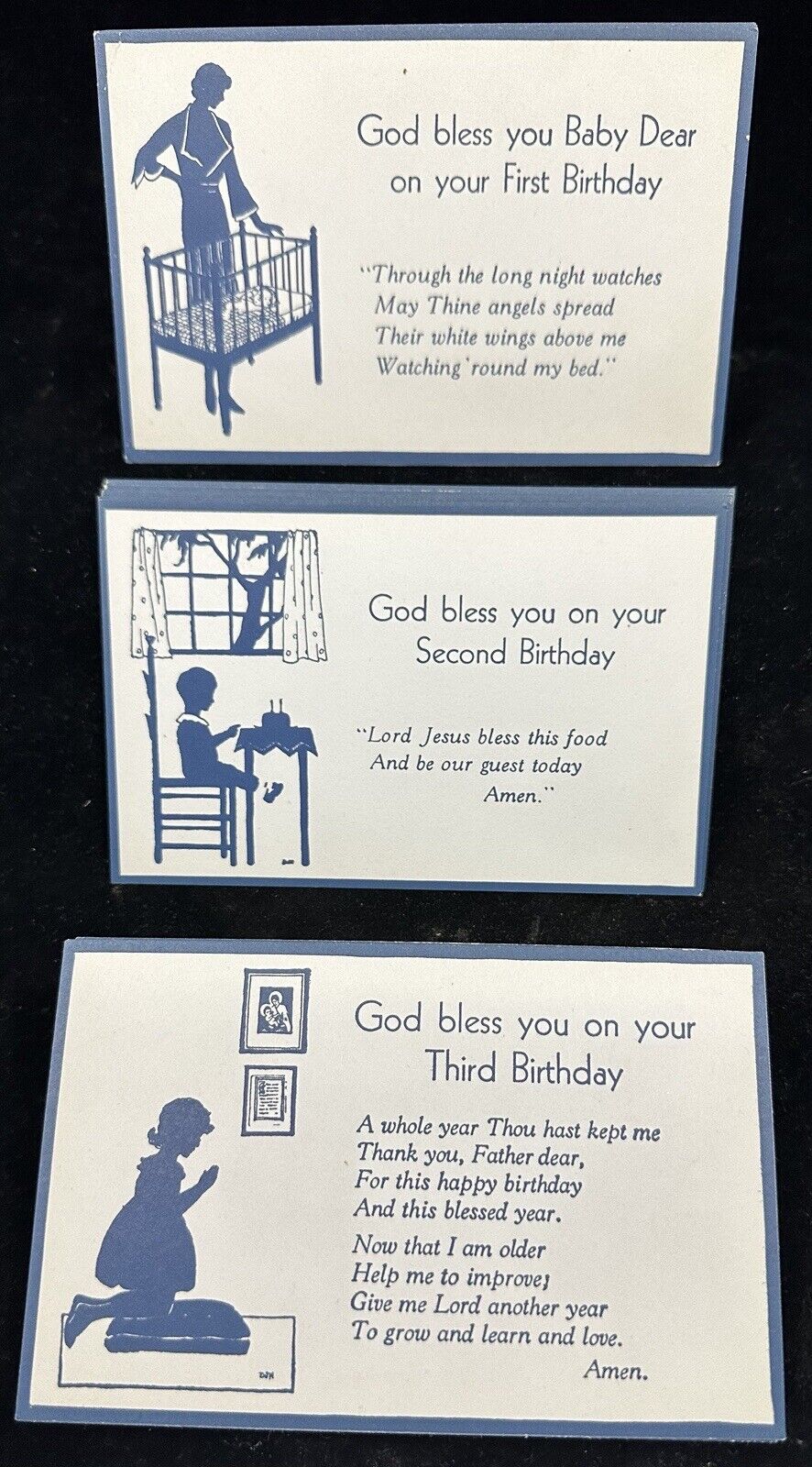 3 1940’s God Bless You On Your 1st, 2nd & 3rd Birthday Postcards All Blank