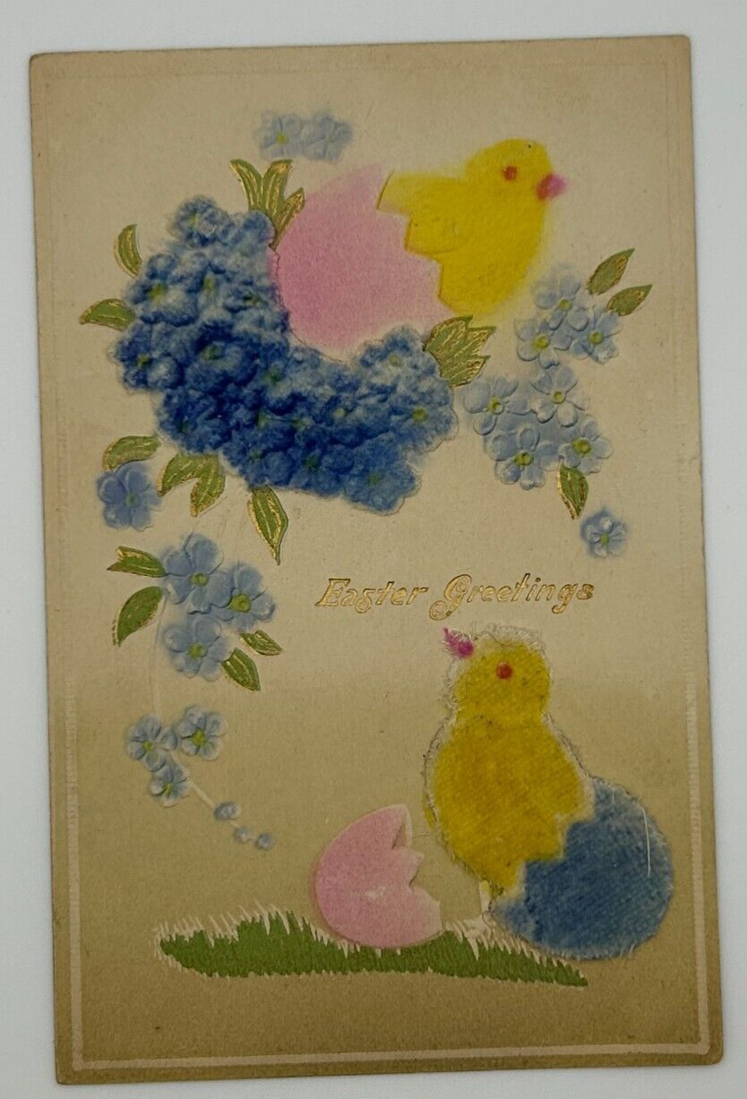 Easter Greetings-Antique Embossed & Flocked German Postcard-Early 1900s—Unposted