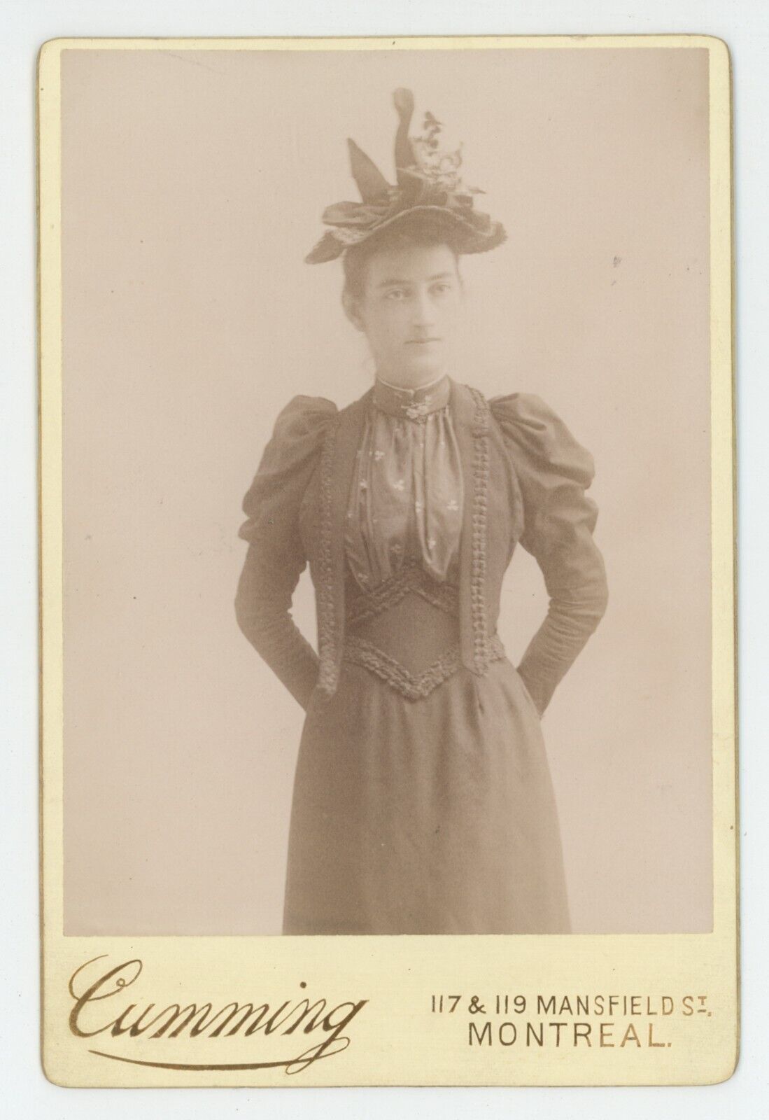 c1880s Cabinet Card Beautiful Woman Stunning Dress & Hat Montreal QC Canada