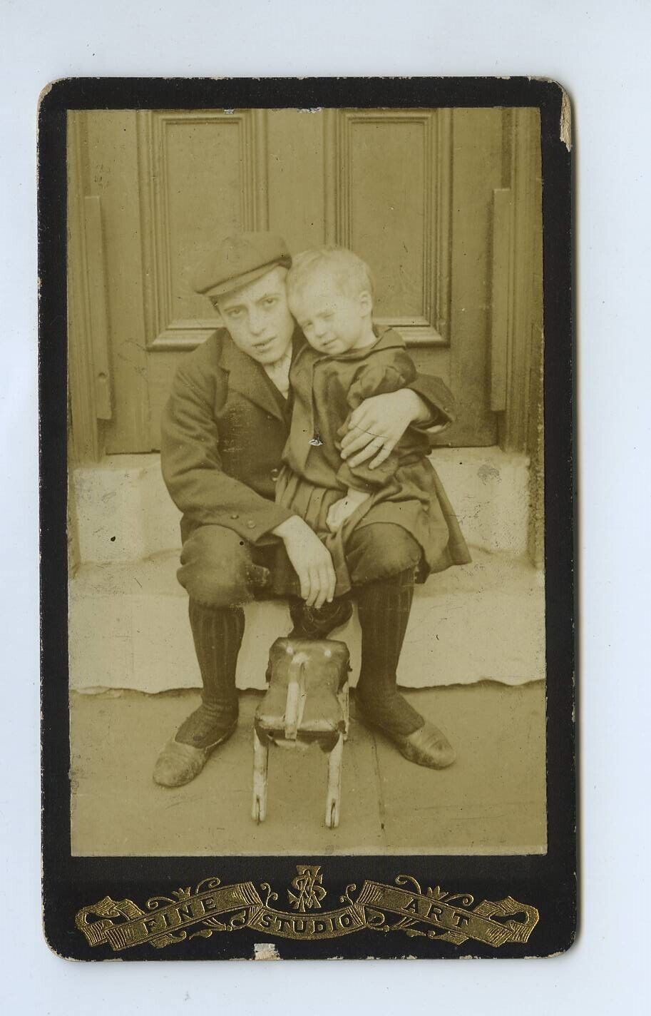Man & Young Boy & Crude Toy Horse c1890s CdV Photo 
