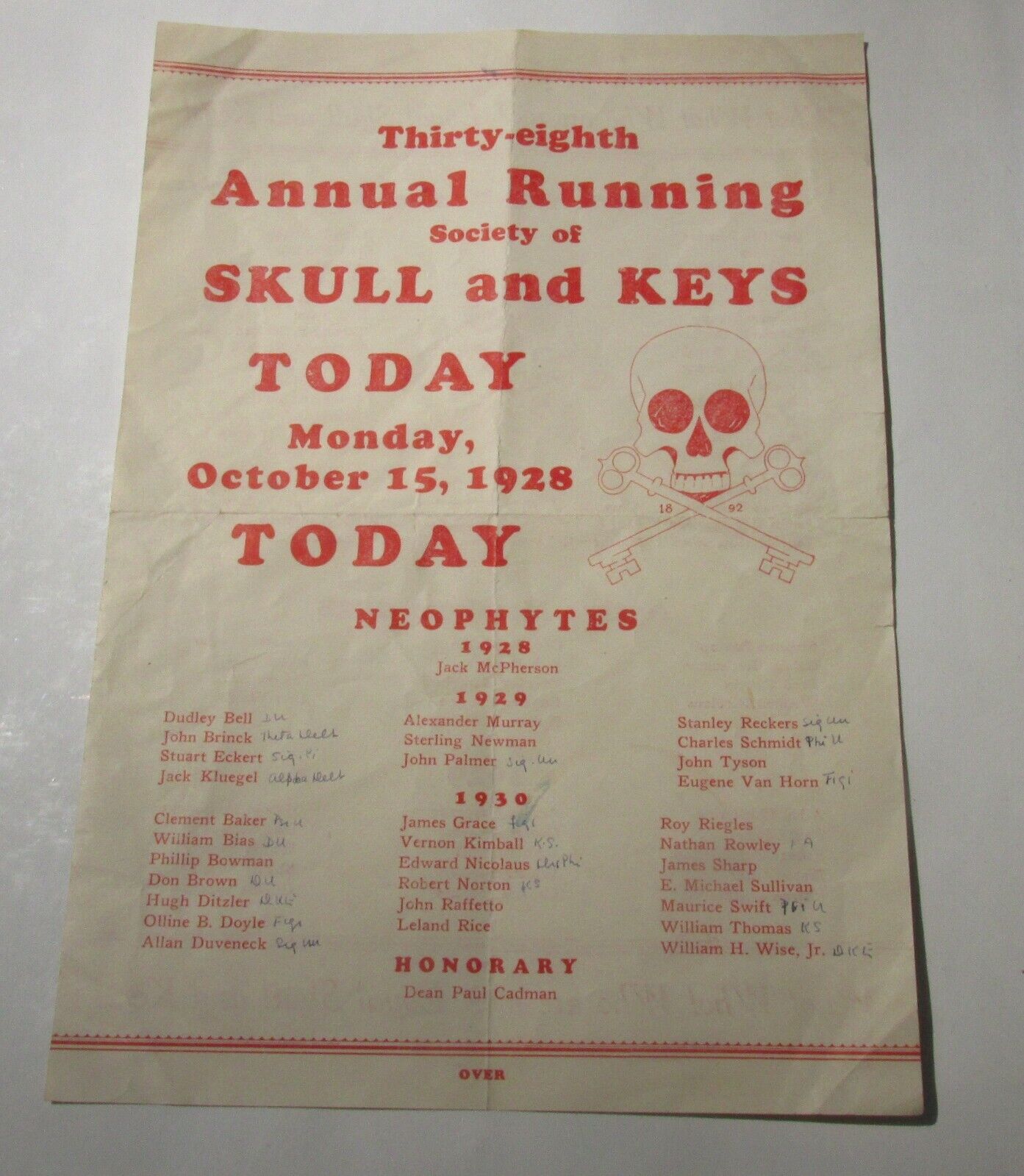 Super Rare UC Berkeley skull and keys 1928 Running Flyer Initiation ritual