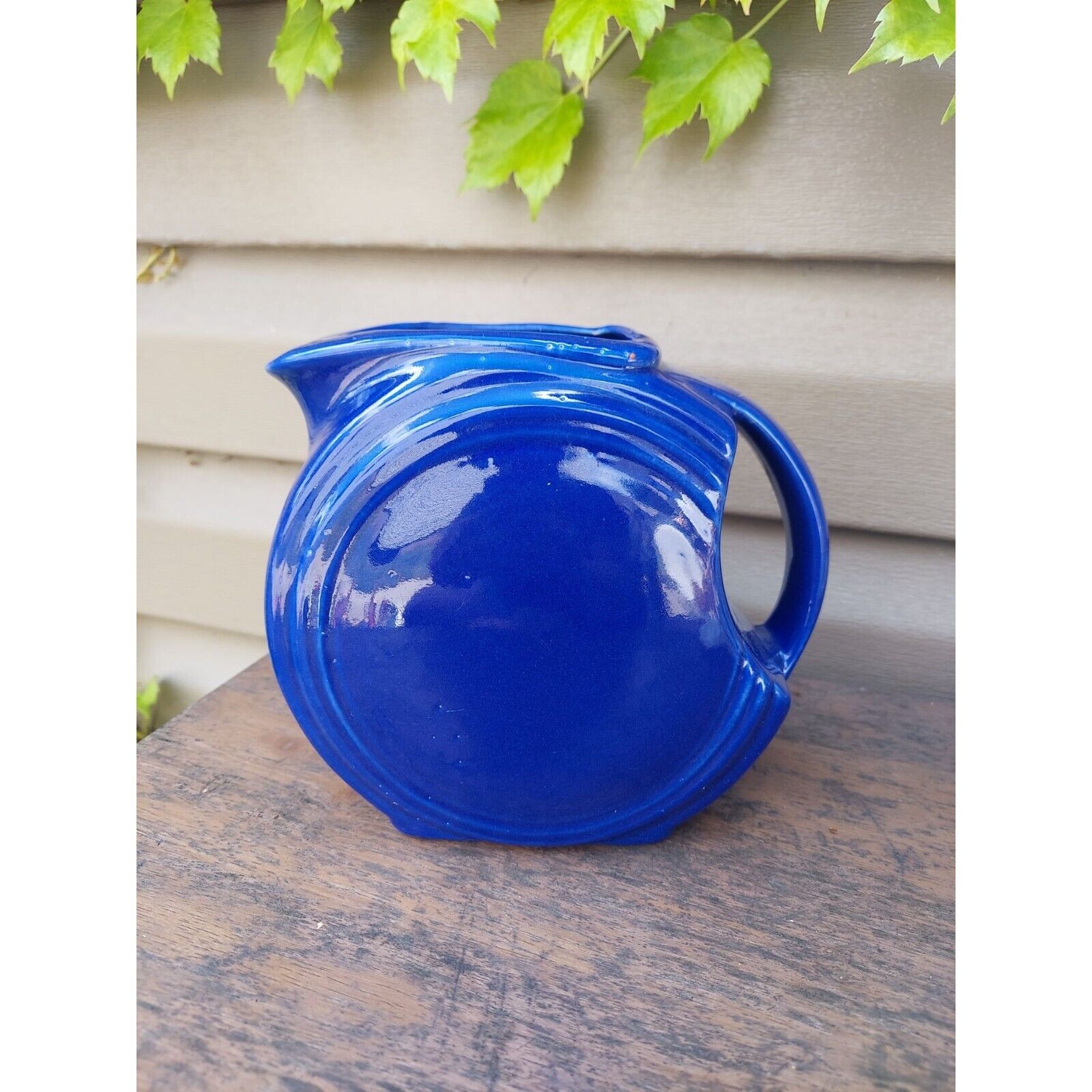 Vintage Cobalt Blue Ceramic Pitcher Art Deco Disc Style 1940s