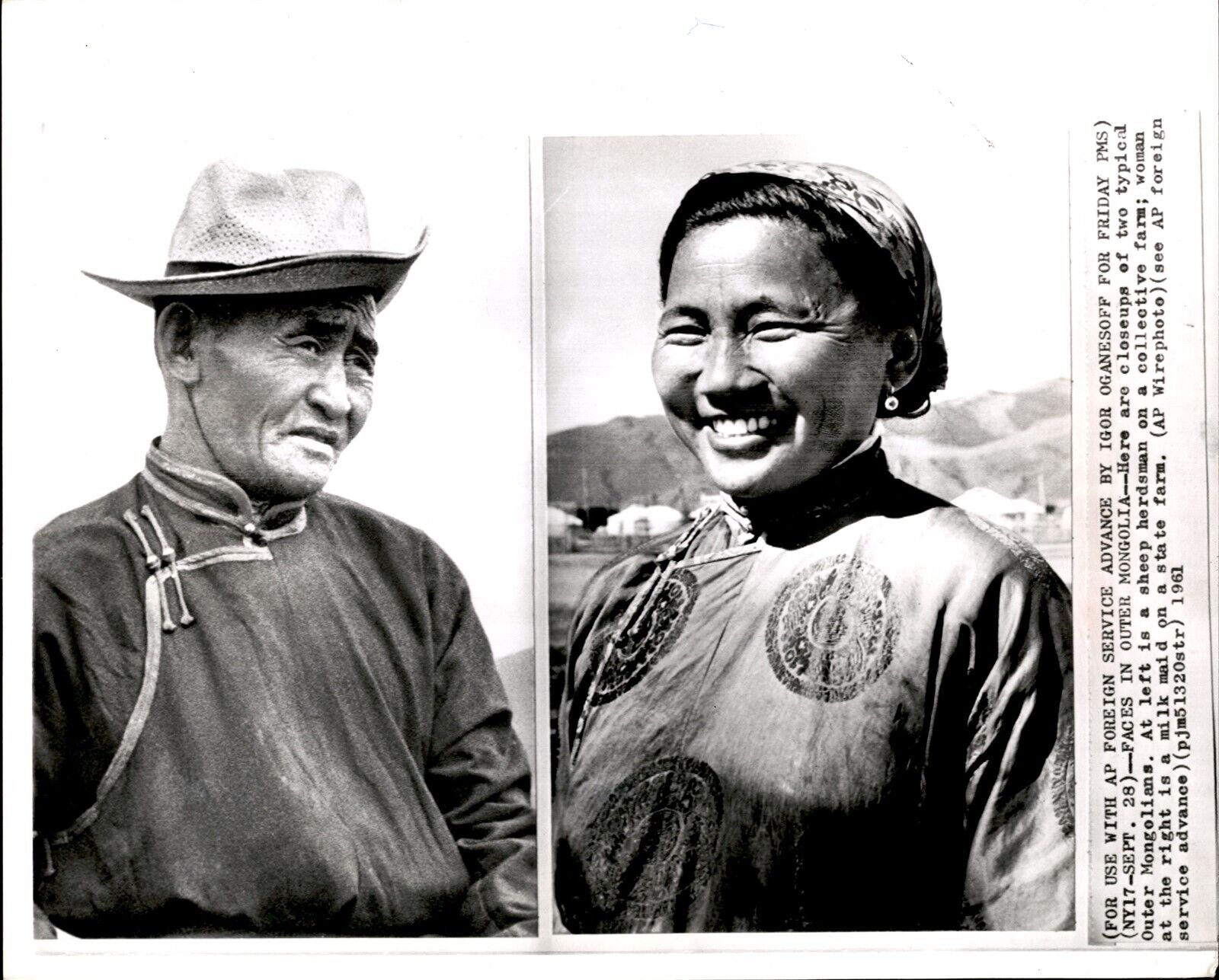 LG51 1961 AP Wire Photo FACES IN OUTER MONGOLIA SHEEP HERDSMAN & FARM MILK MAID