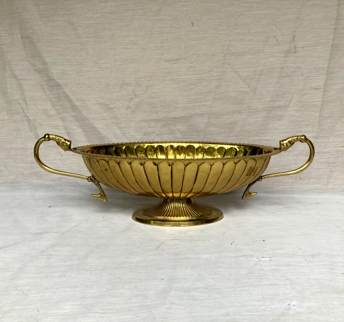 Antique Vintage Large Brass Bowl Double Handle Swan Bird Figural - Rare