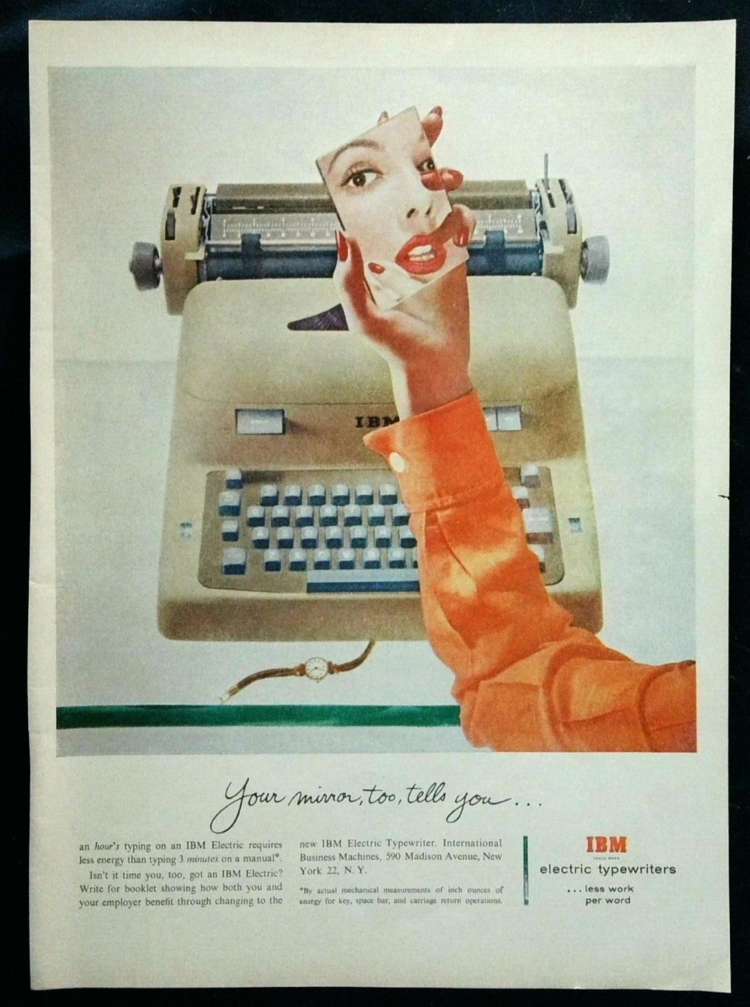1954 IBM Electric typewriter Vintage print ad Hand holding a mirror VG