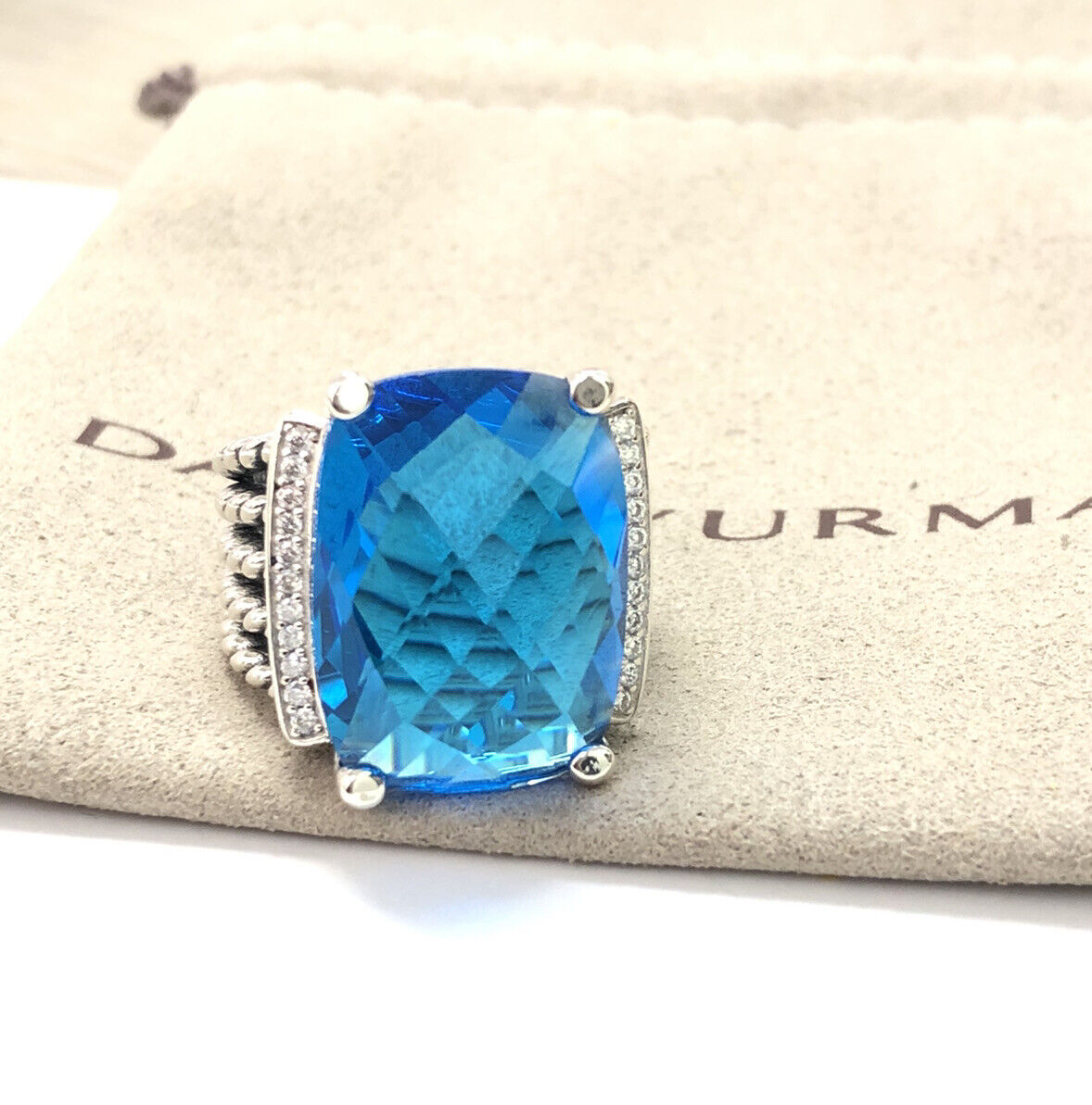 DAVID YURMAN 20x16mm Blue Topaz  & Diamond Sterling Silver Wheaton Ring Size 7.5