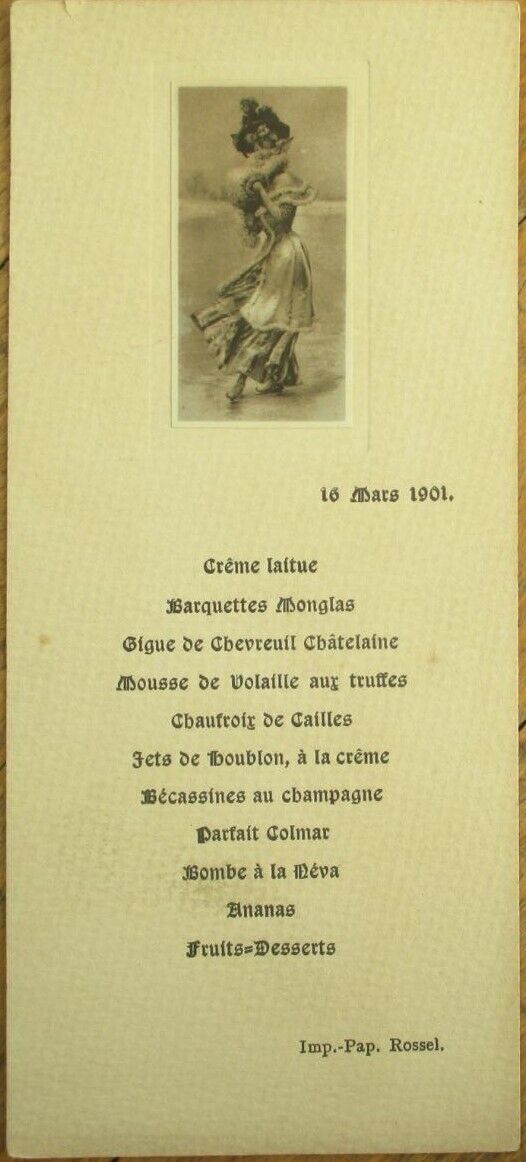 Menu 1901 French, Woman in Winter Clothing, Becassines au Champagne