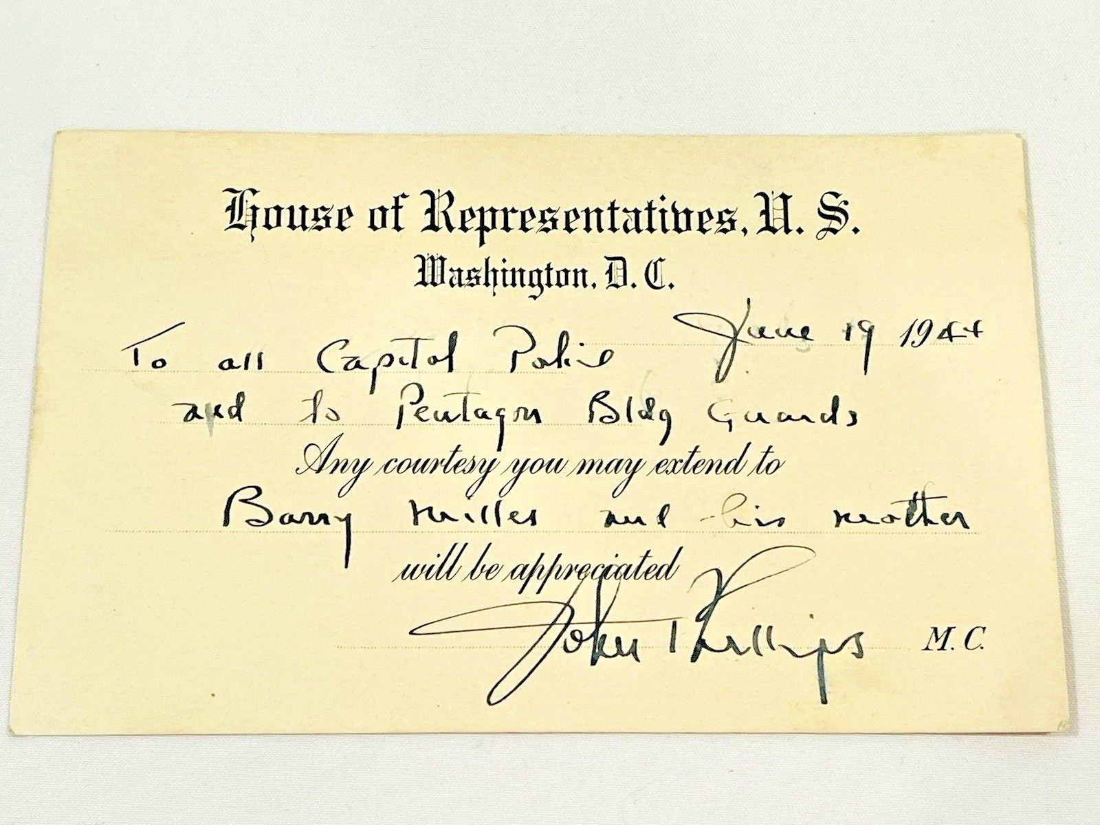 Vtg 1944 House of Representatives US Capital Police Pentagon Card Washington DC