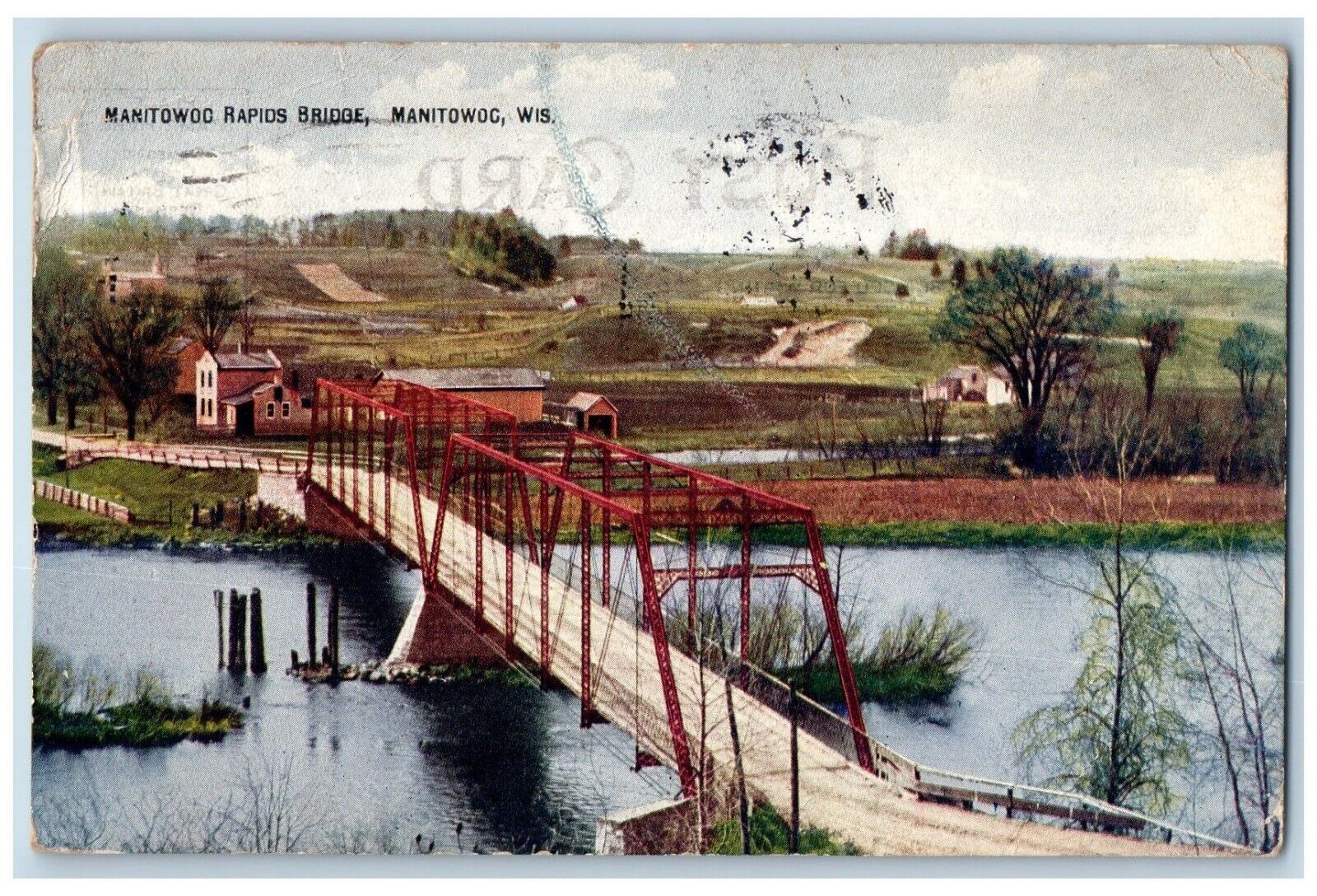 Manitowoc Wisconsin WI Postcard Manitowoc Rapids Bridge Aerial View 1913 Vintage