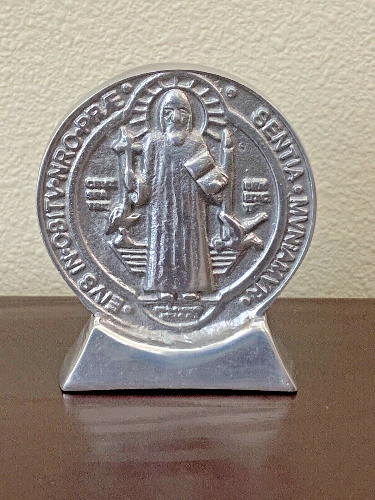 Mini St. Benedict Pewter Doble Sided Medallion with Stand/Religious/Decor#505