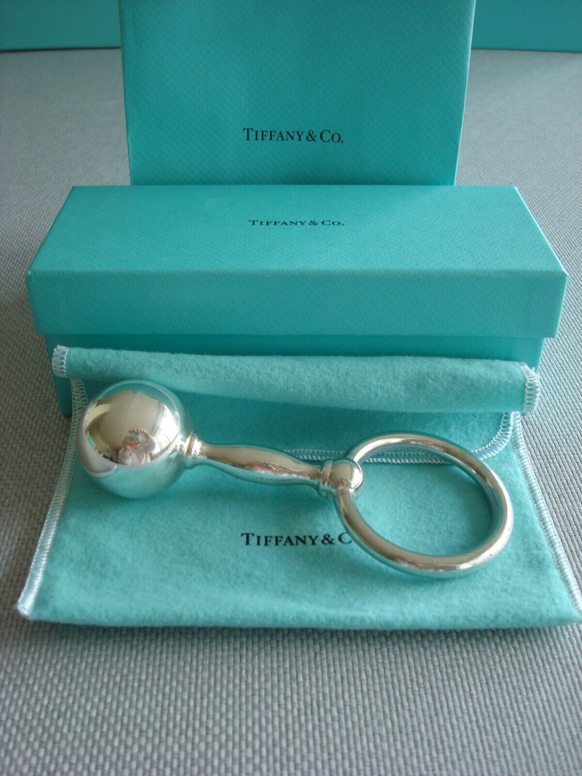 TIFFANY STERLING SILVER ~ NEW ~ BABY RATTLE BARBELL RING MEDIUM ~ pouch, box