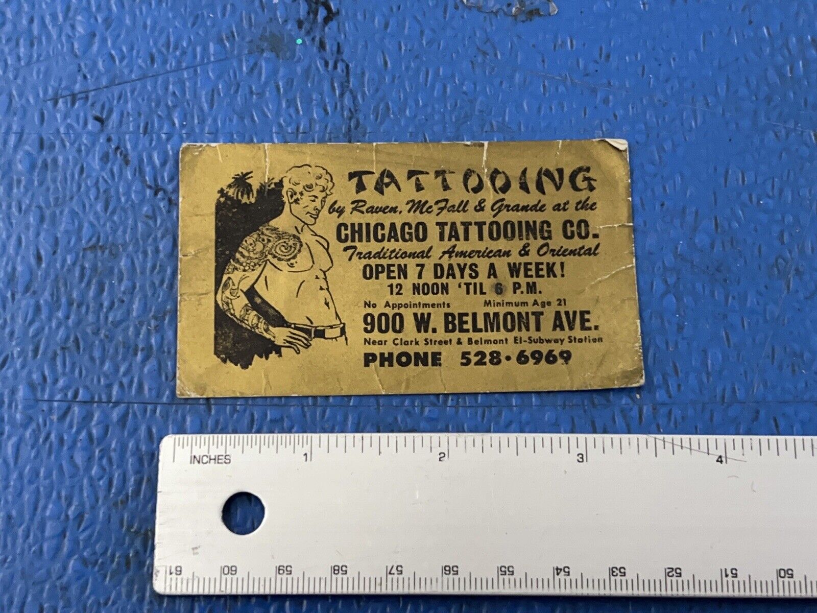 Vintage Cliff Raven Chicago Tattooing Co Belmont Ave Gold Business Card Ephemera