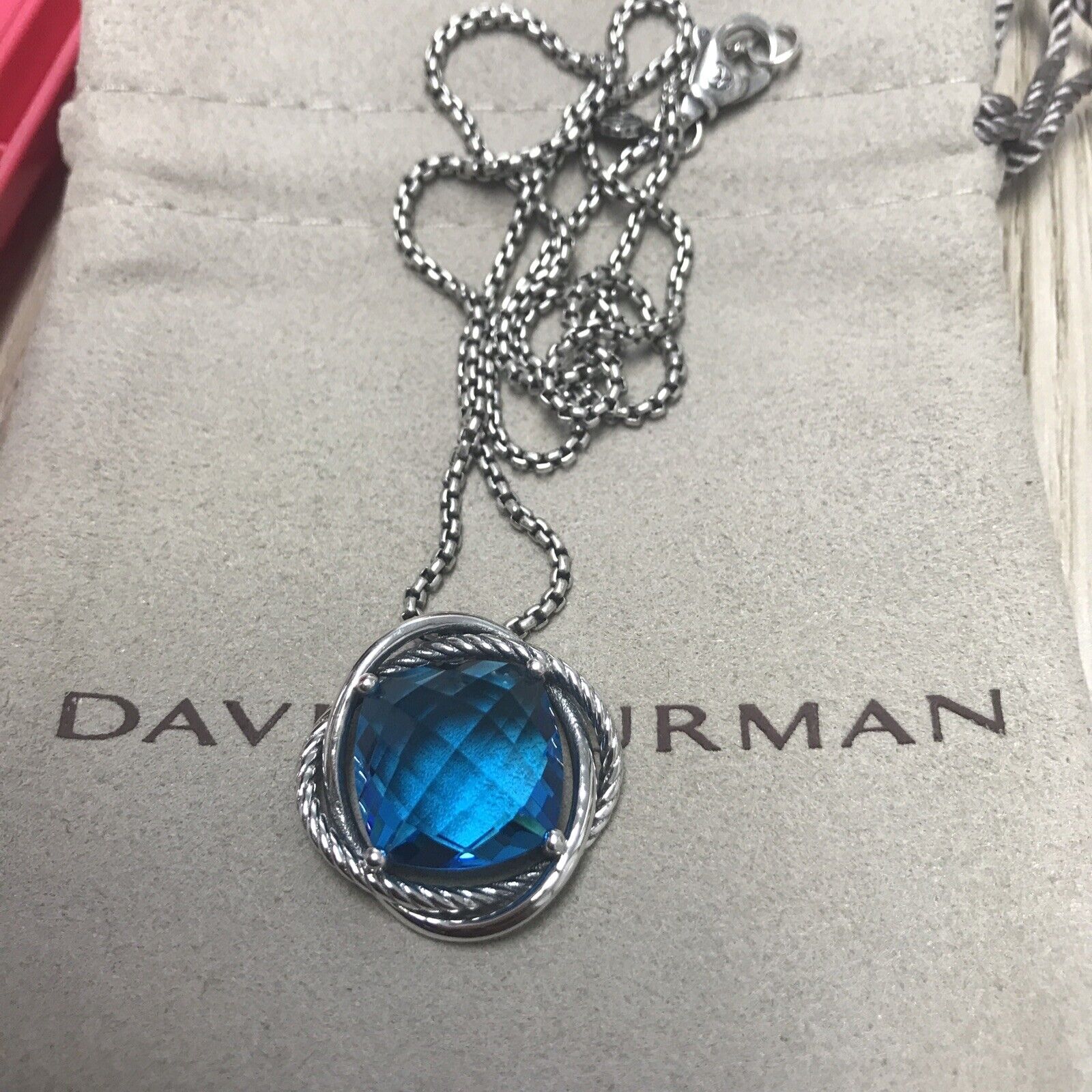 David Yurman Sterling Silver Infinity 14mm Blue Topaz  Pendant 18 inch Necklace
