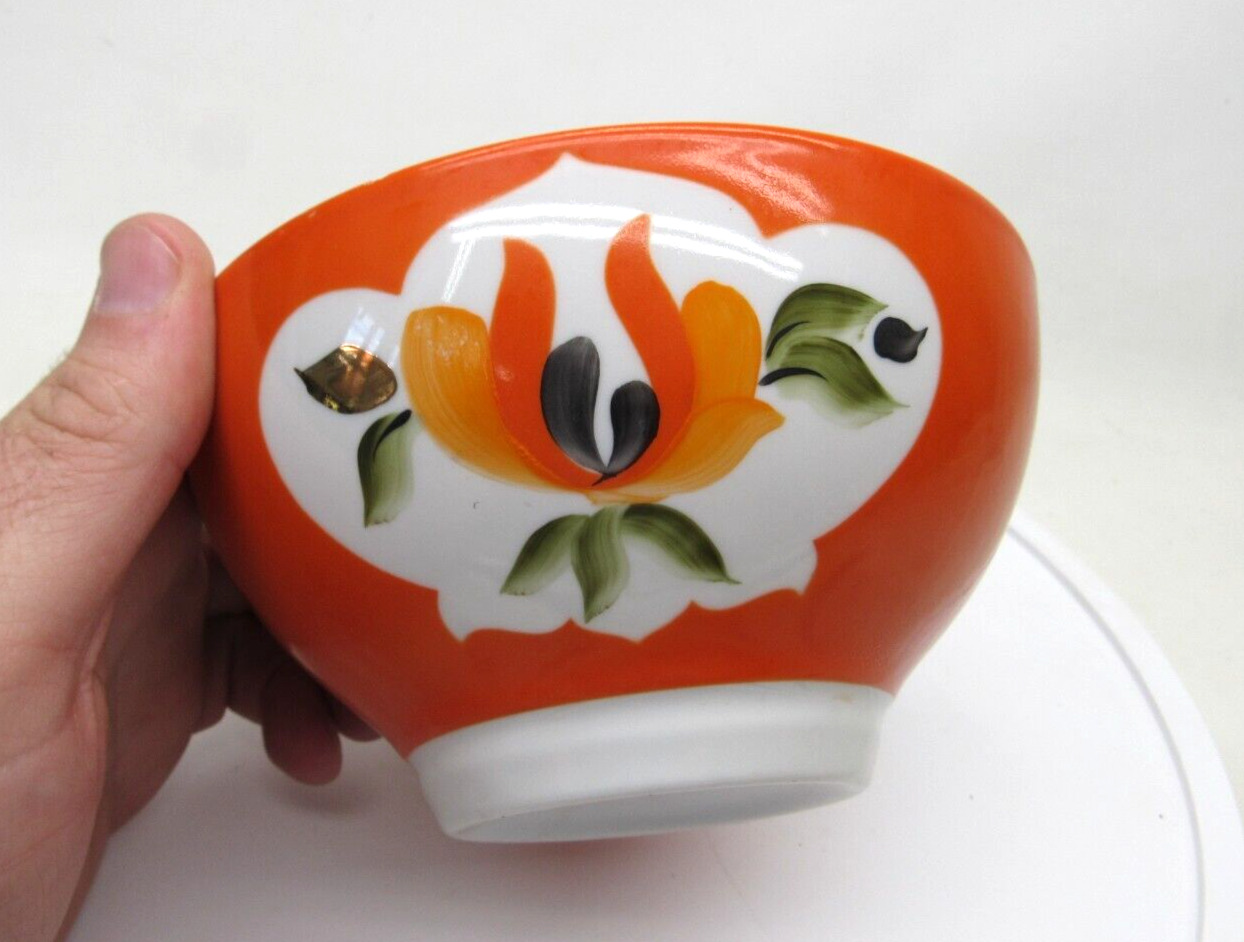 Vintage Russian Porcelain Orange Flower Cereal Bowl Handpainted Gold Rim