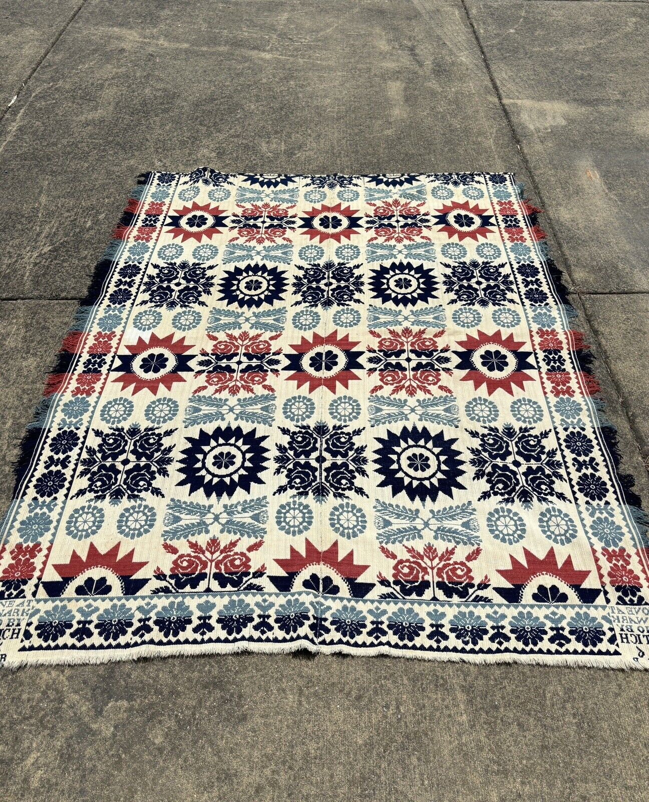 antique 1800s coverlet | Blue And Red | Floral | Made In Ohio 1846 Textile
