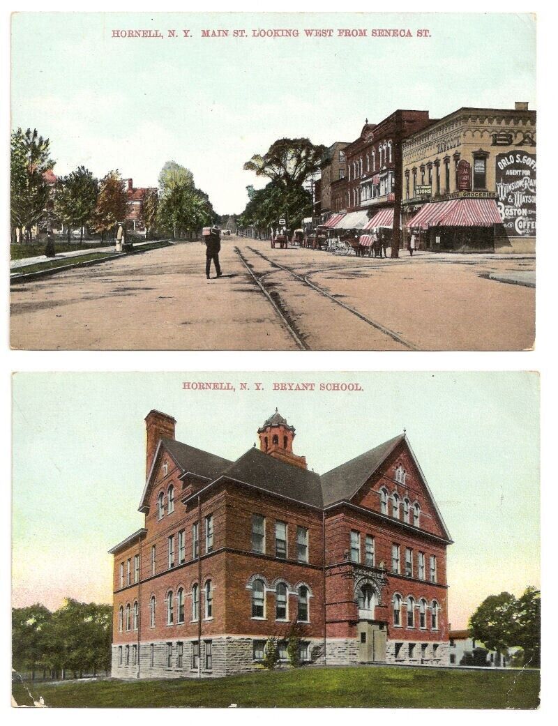 2 Postcards Bryant School - Main Street in Hornell NY