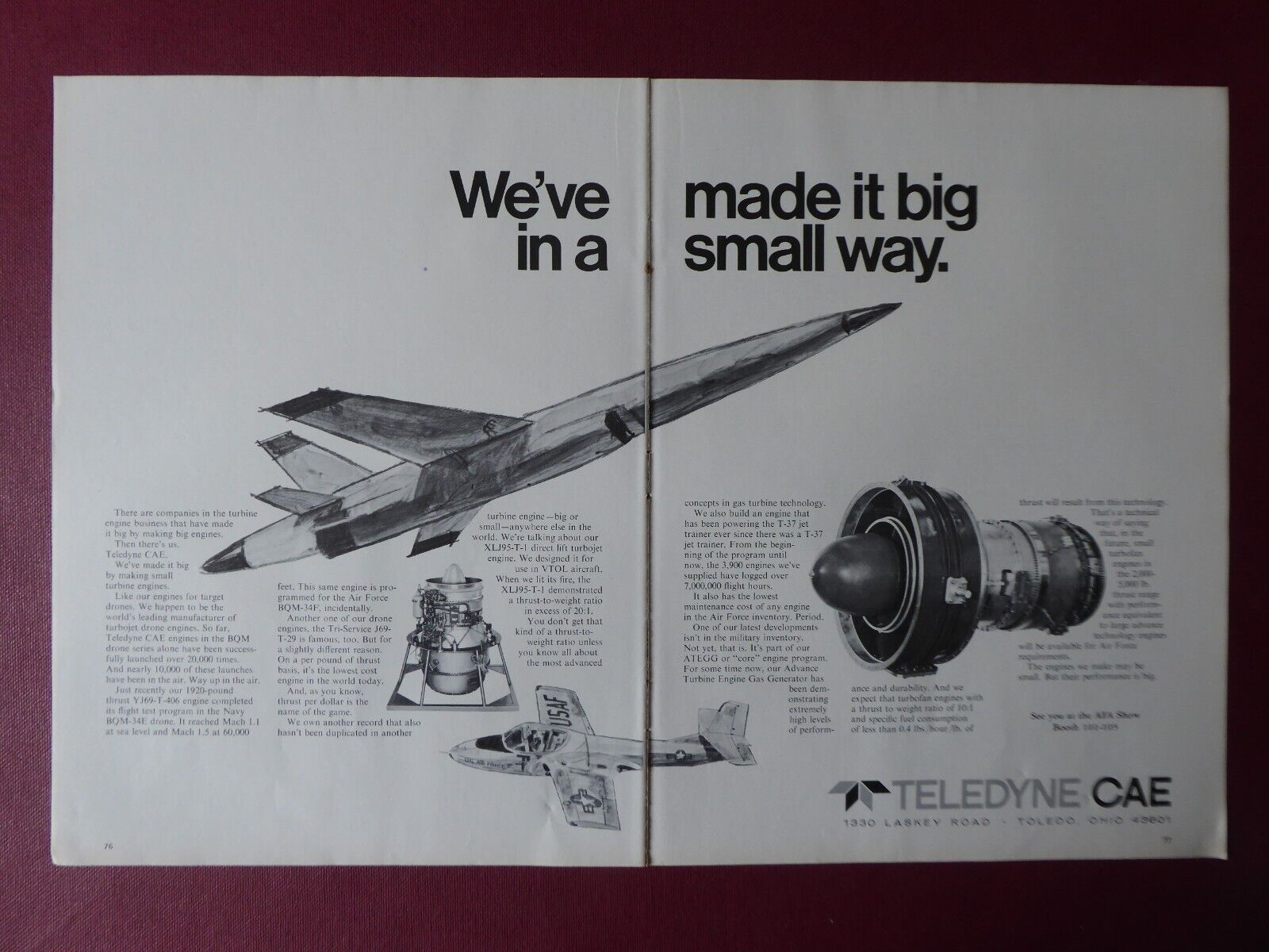 9/1970 PUB TELEDYNE CAE TURBINE ENGINES RPV MISSILE TARGET DRONE T37 ORIGINAL AD