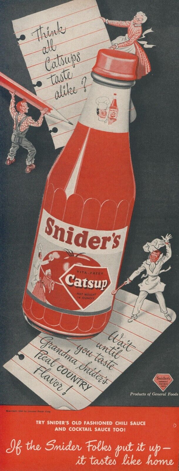 1948 Sniders Catsup Giant Bottle Pencil Chef Spoon Overalls Vintage Print Ad L13