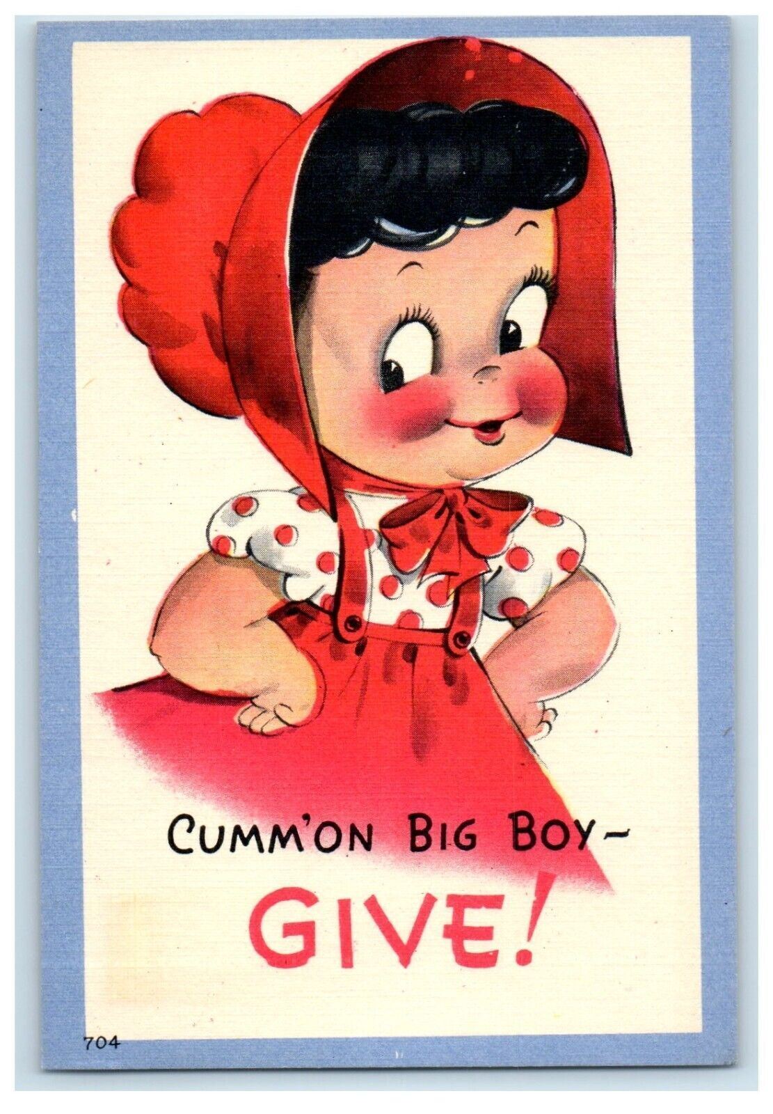 c1930's Cute Little Girl Dress Polka Red Bonnet Comm'on Big Boy Vintage Postcard