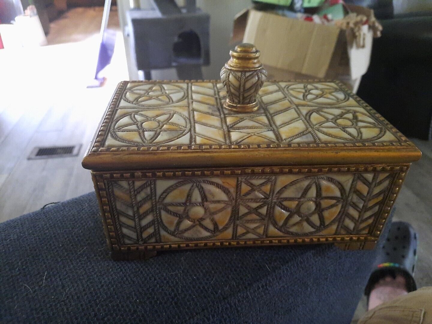 Vintage Hand Painted Trinket Box Ornate Stone Work No Chips