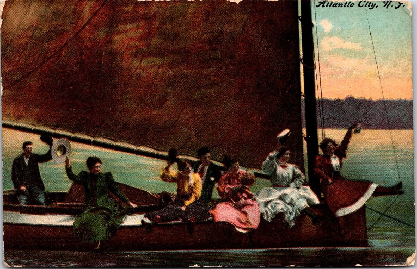 NJ Atlantic City, People on Sailboat, Early 1900s Fashion, DB Posted 1910