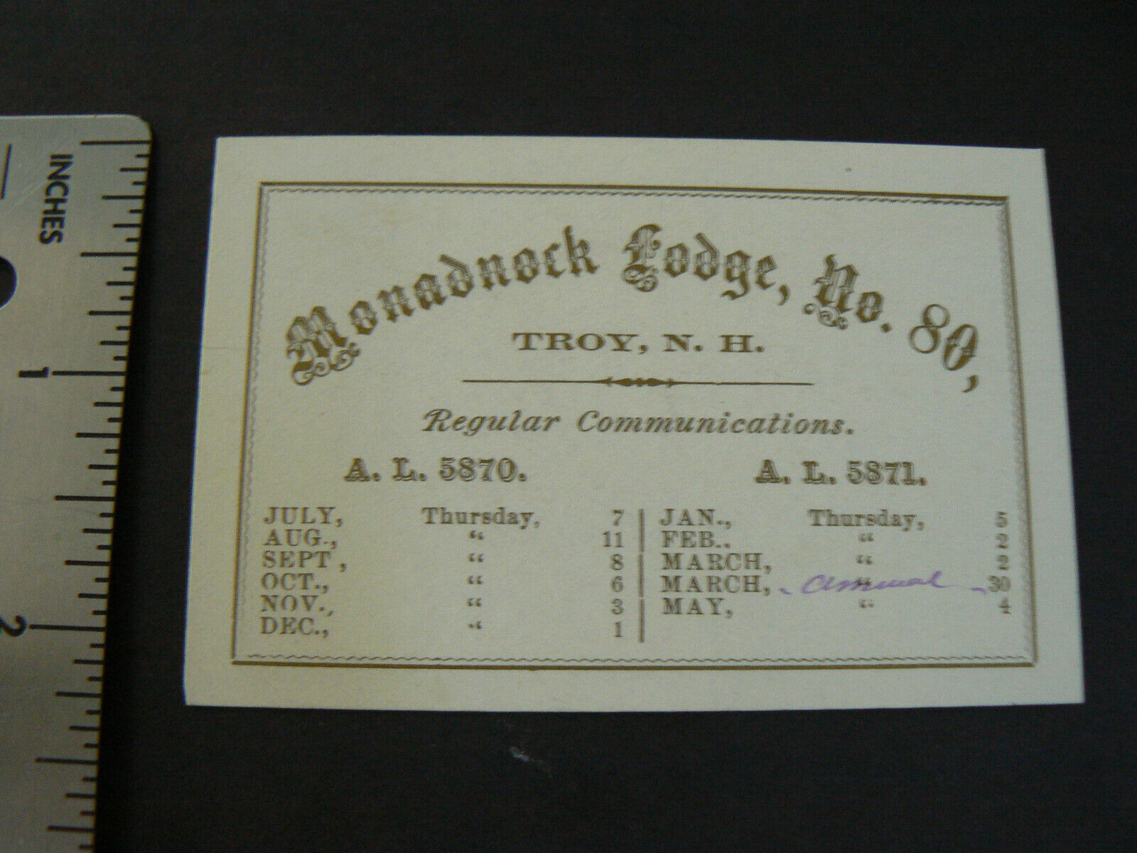 Troy NH Monadnock Lodge # 80 Card, Meeting Dates & Officers