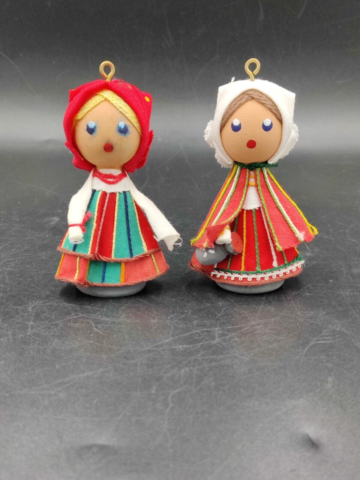 Vintage Warsaw Hand Made Wood Doll Ornaments Polish Women Pair 